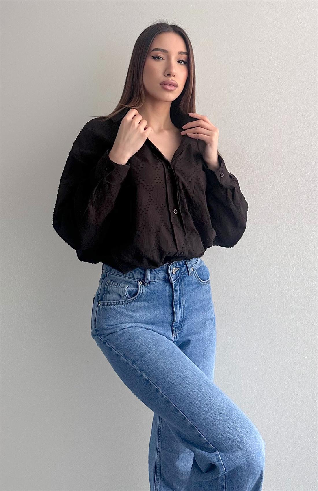 Cepli Oversize Çizgili Gömlek KAHVERENGİ