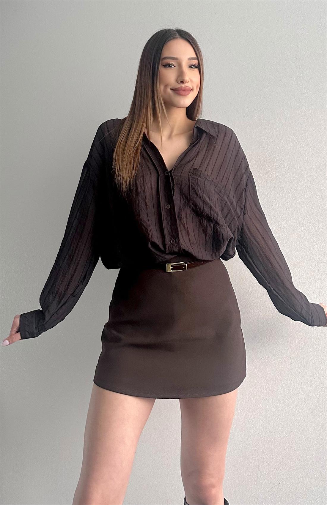 Cepli Oversize Dilara Gömlek KAHVERENGİ
