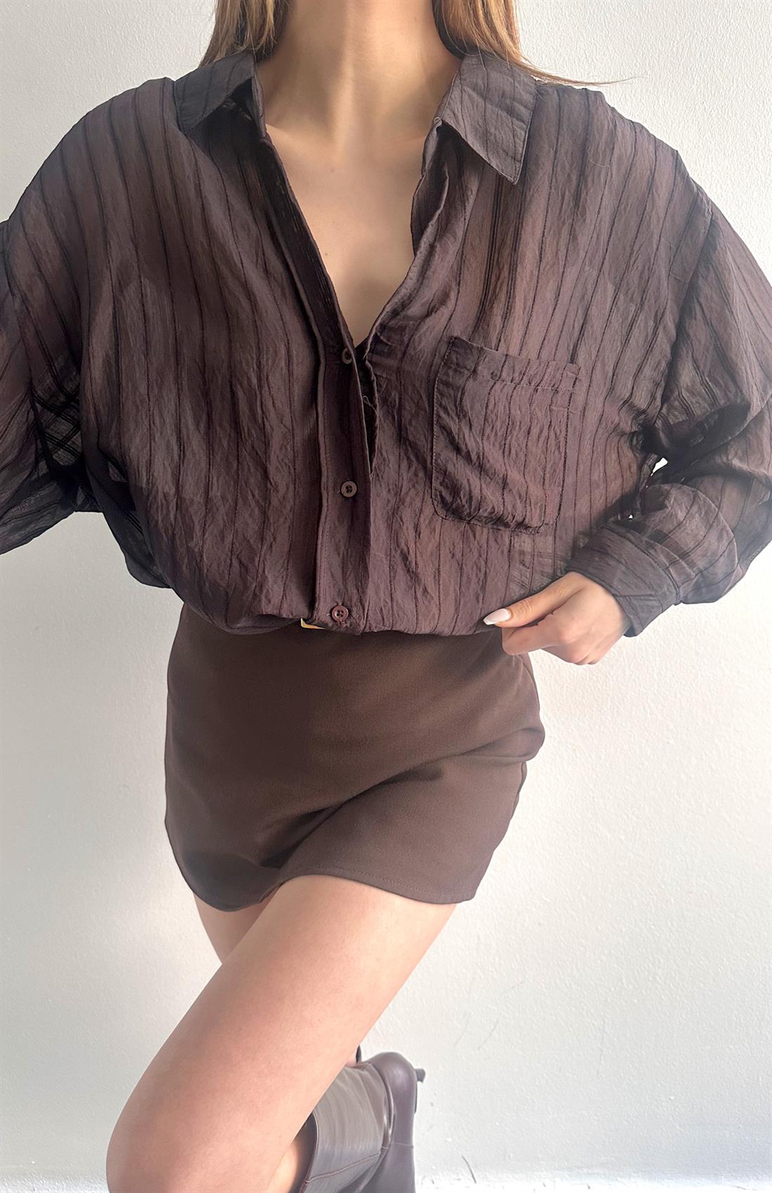 Cepli Oversize Dilara Gömlek KAHVERENGİ