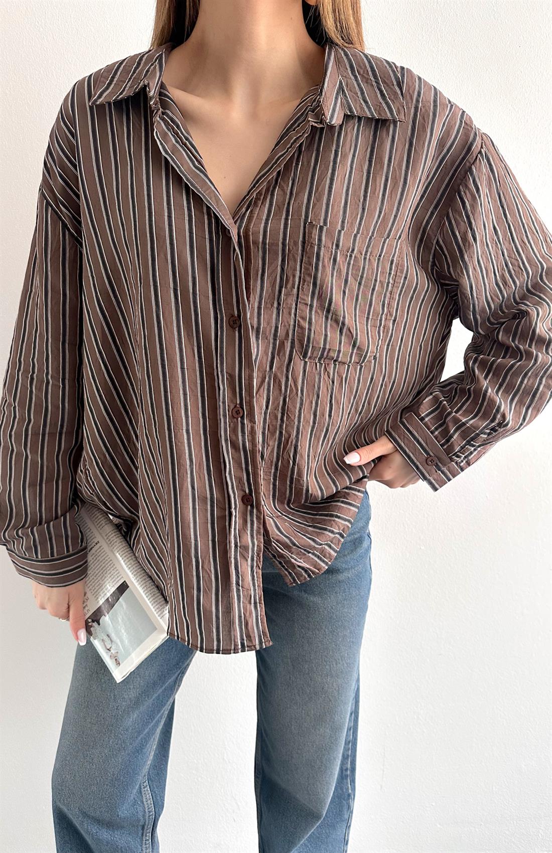 Cepli Oversize Enine Çizgili Gömlek KAHVERENGİ