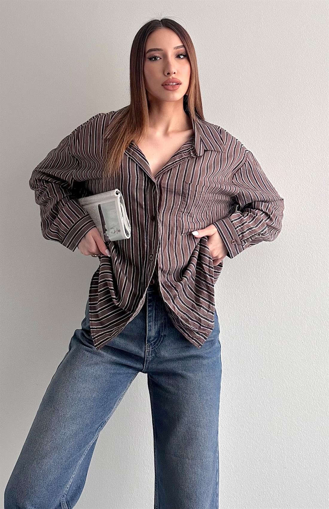 Cepli Oversize Enine Çizgili Gömlek KAHVERENGİ