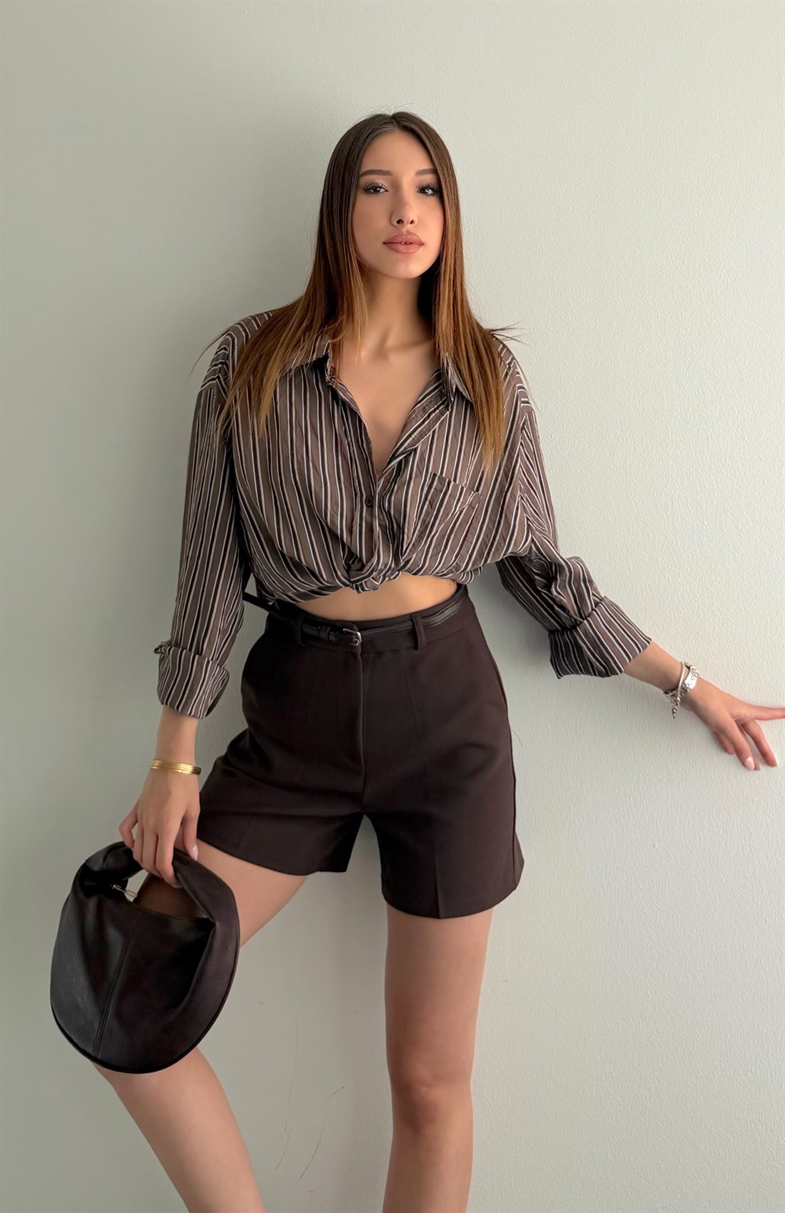 Cepli Oversize Enine Çizgili Gömlek KAHVERENGİ
