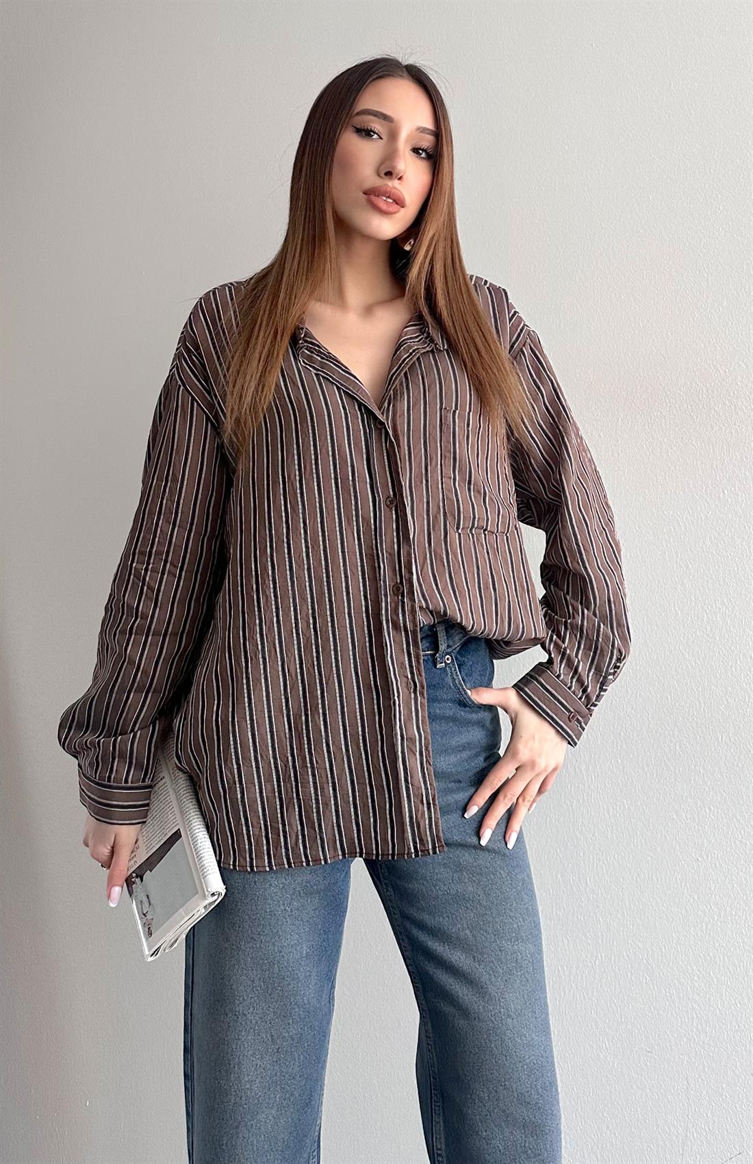 Cepli Oversize Enine Çizgili Gömlek KAHVERENGİ