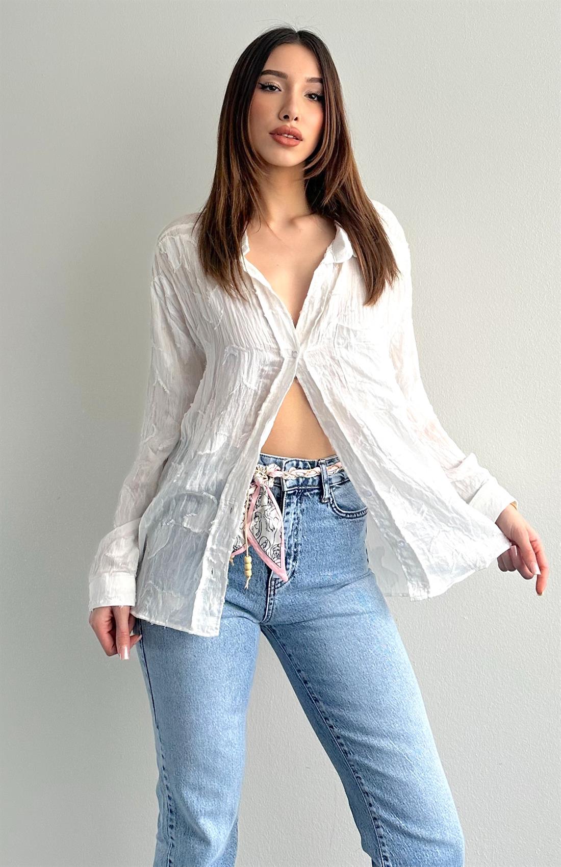 Cepli Oversize Esra Gömlek BEYAZ