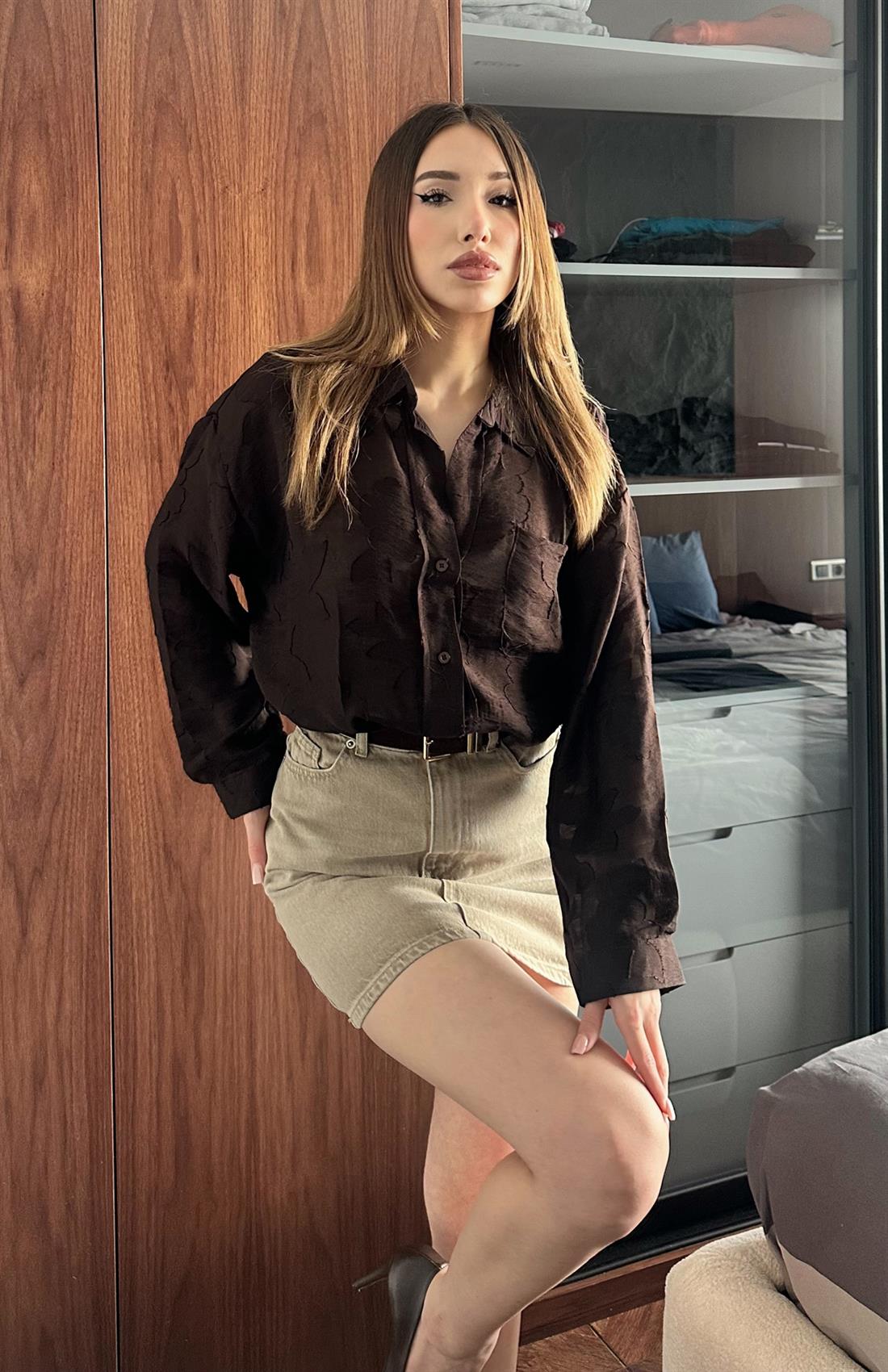 Cepli Oversize Esra Gömlek KAHVERENGİ