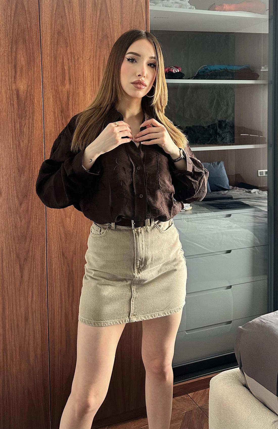 Cepli Oversize Esra Gömlek KAHVERENGİ