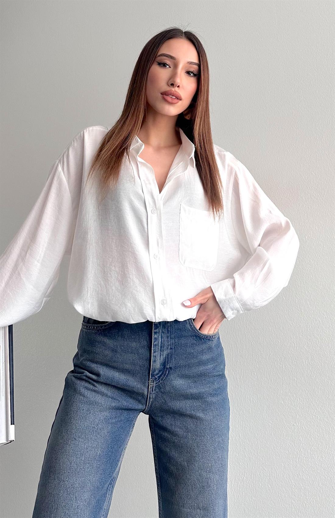 Cepli Oversize Modal Gömlek EKRU
