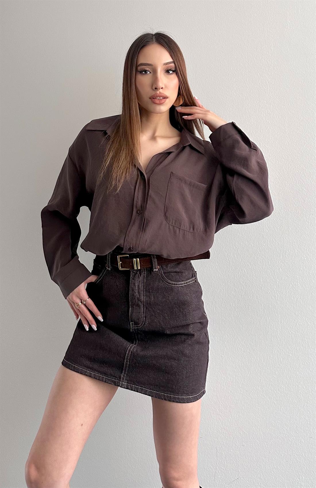 Cepli Oversize Modal Gömlek KAHVERENGİ