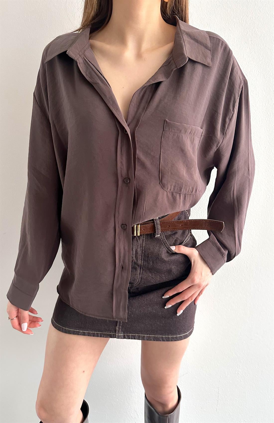 Cepli Oversize Modal Gömlek KAHVERENGİ