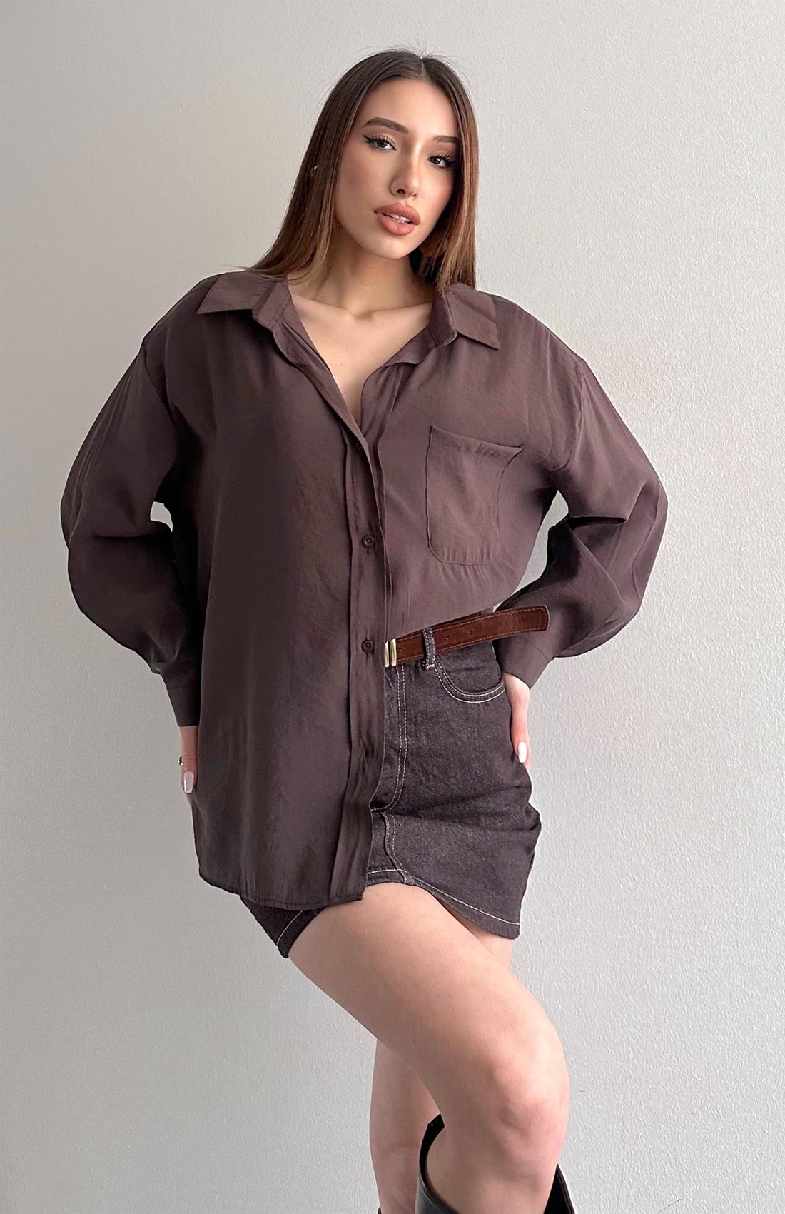 Cepli Oversize Modal Gömlek KAHVERENGİ