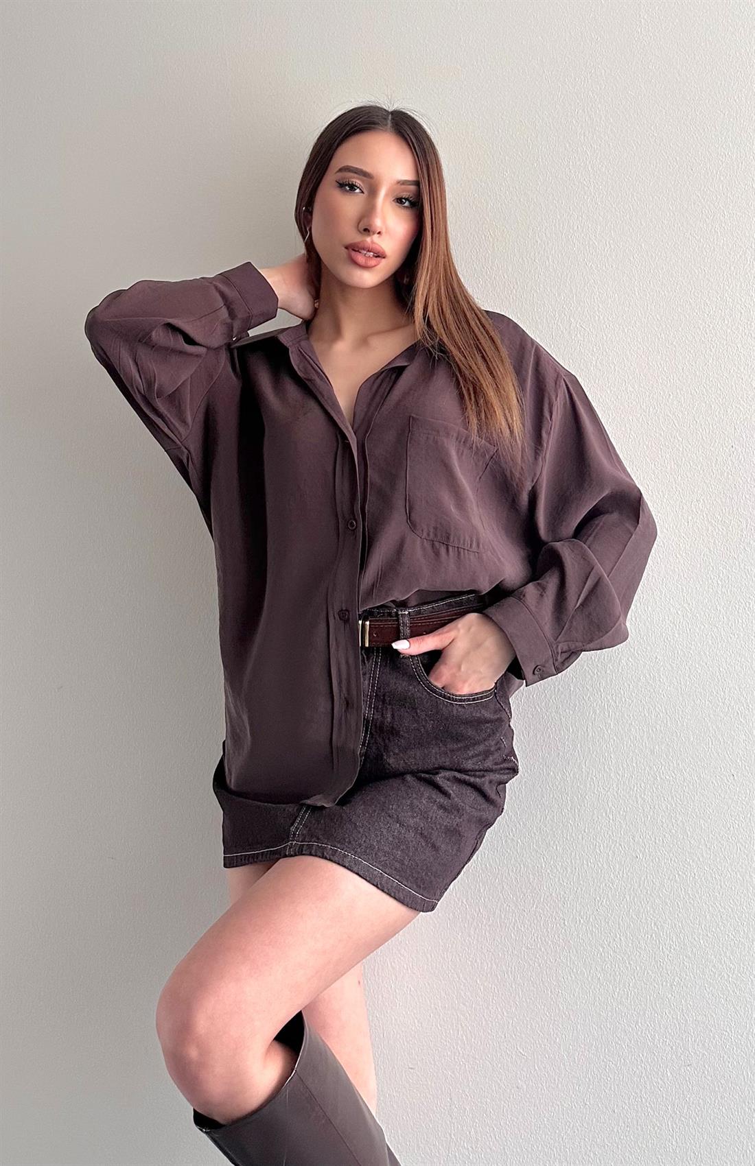 Cepli Oversize Modal Gömlek KAHVERENGİ