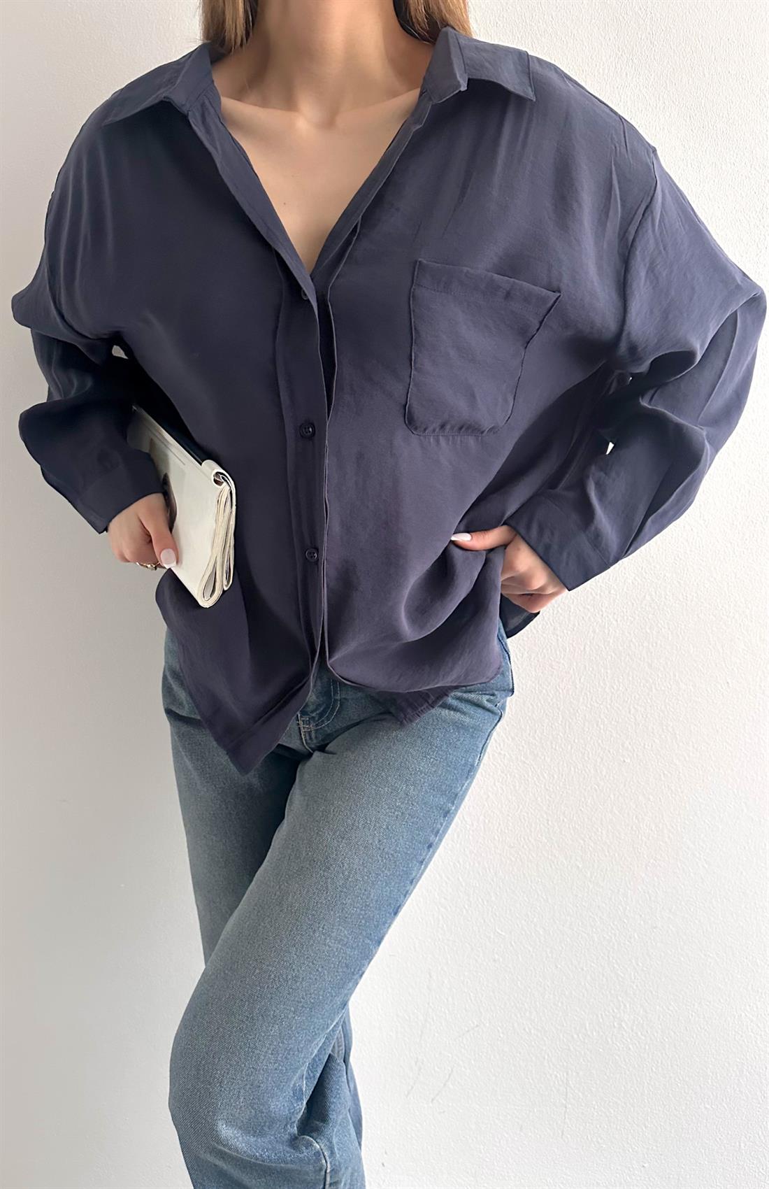 Cepli Oversize Modal Gömlek LACİVERT