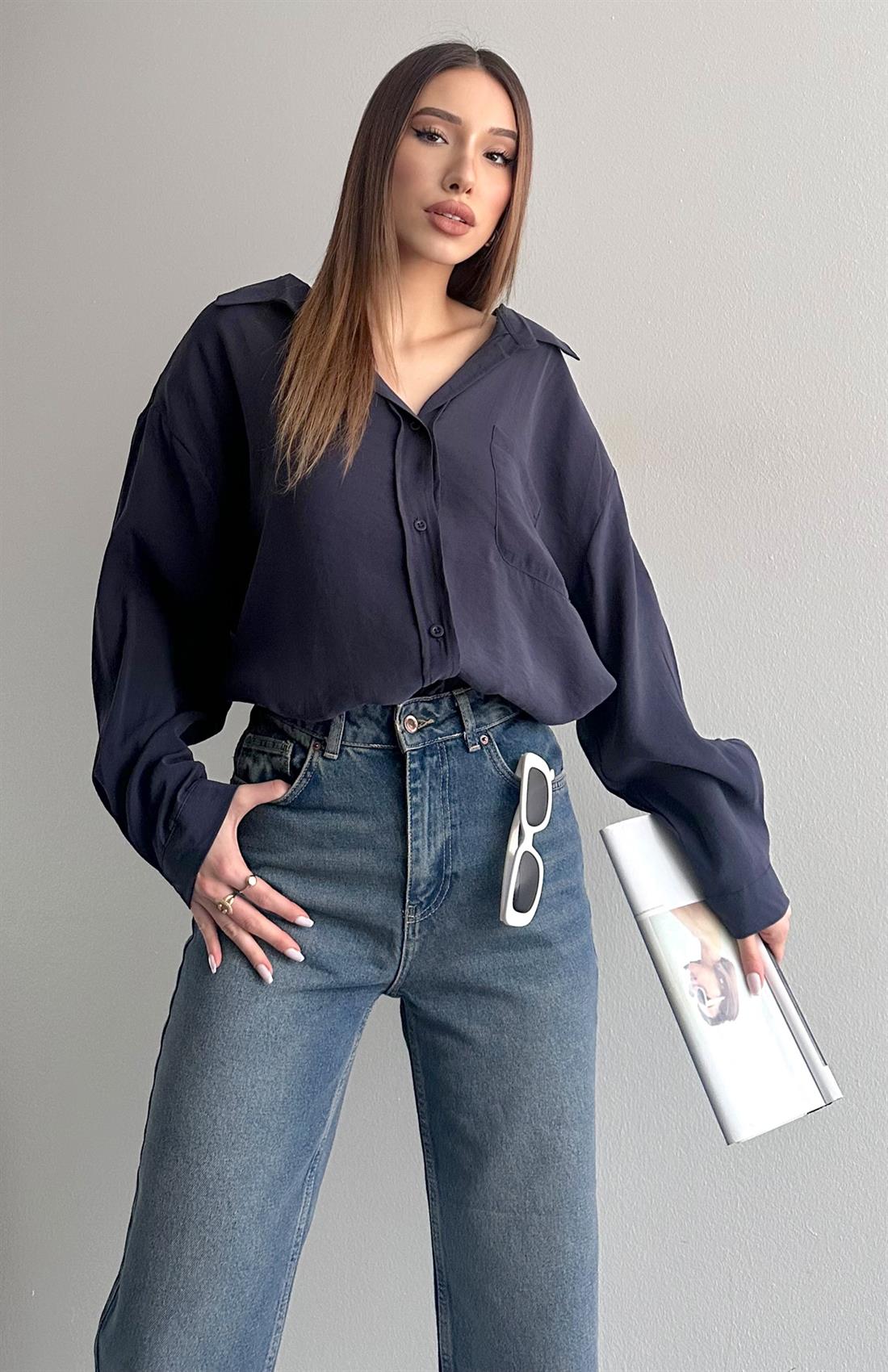 Cepli Oversize Modal Gömlek LACİVERT