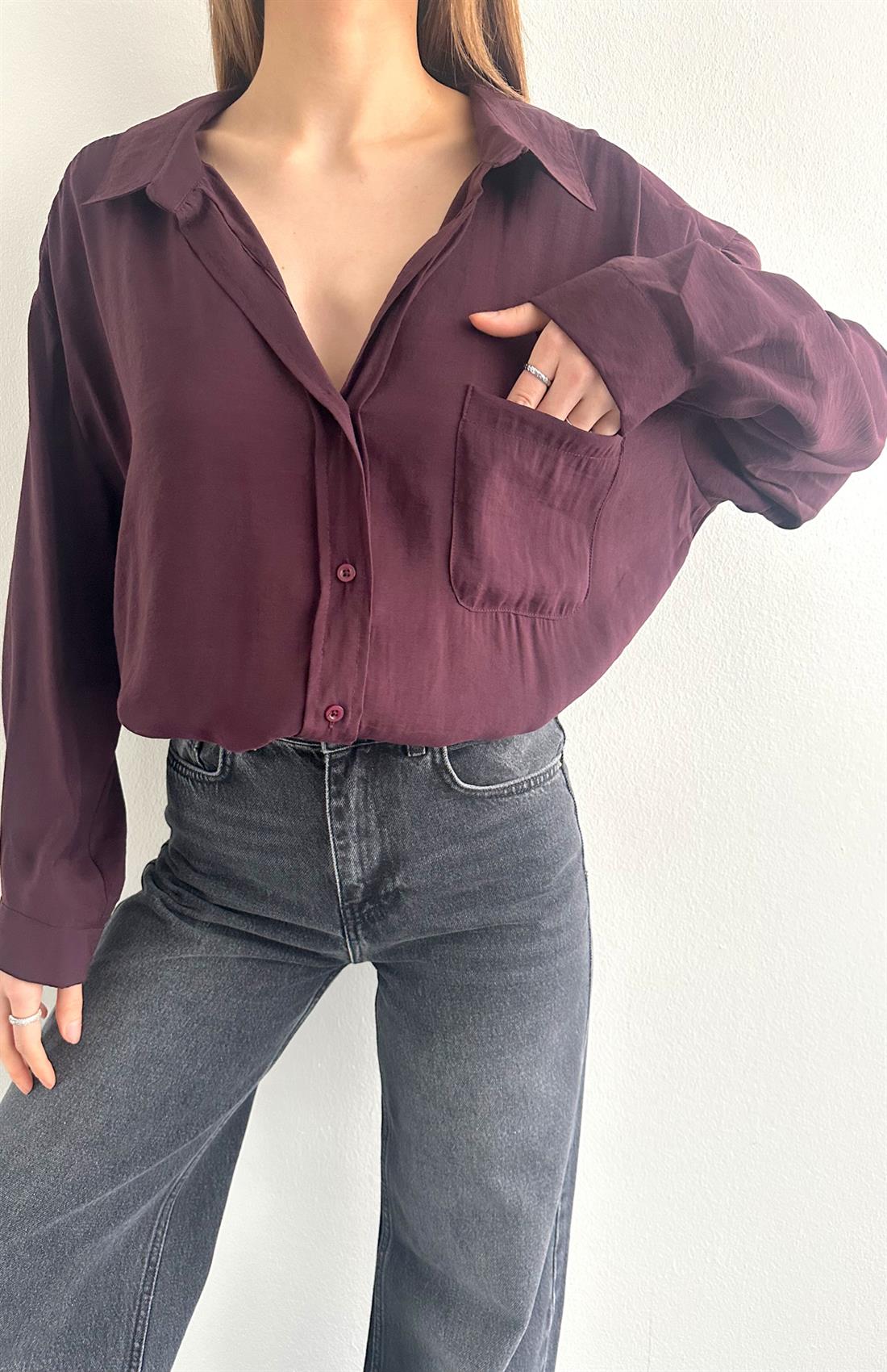 Cepli Oversize Modal Gömlek MÜRDÜM