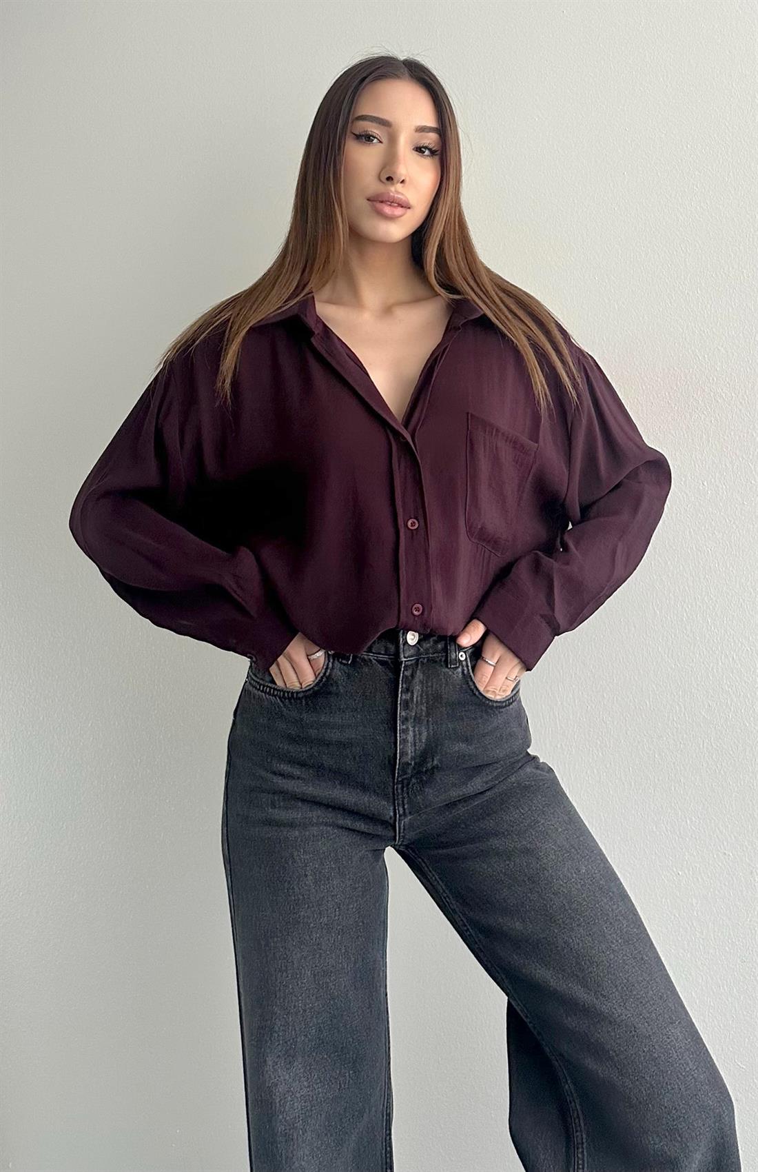 Cepli Oversize Modal Gömlek MÜRDÜM