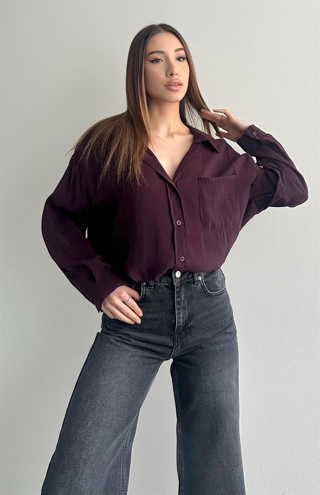 Cepli Oversize Modal Gömlek MÜRDÜM