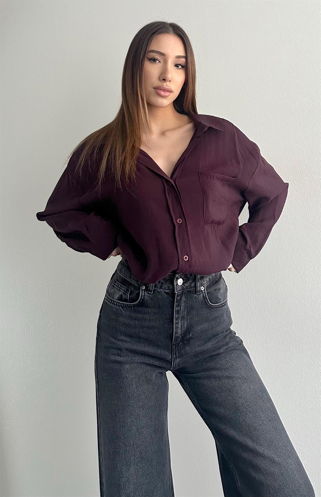 Cepli Oversize Modal Gömlek MÜRDÜM