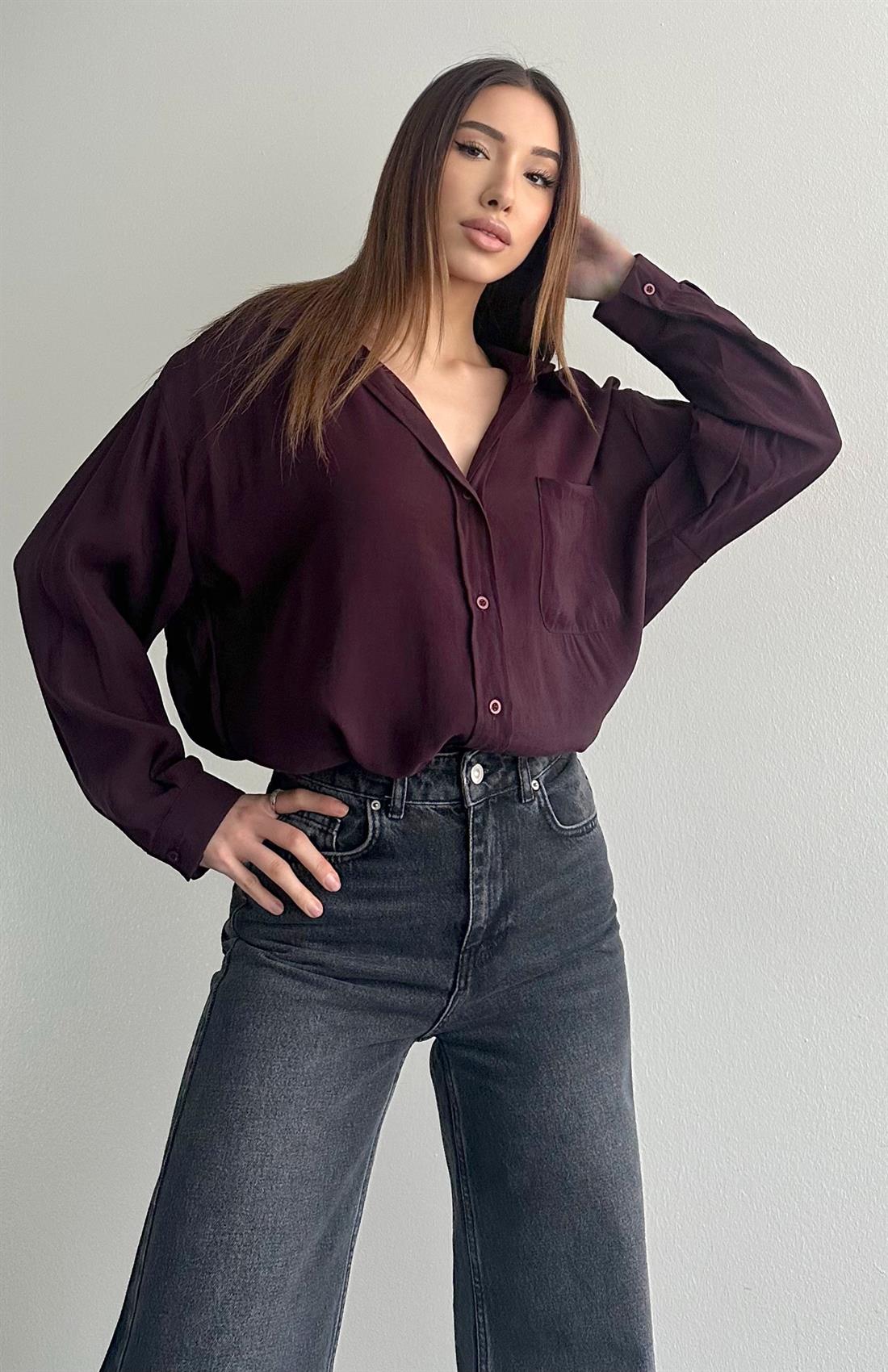 Cepli Oversize Modal Gömlek MÜRDÜM