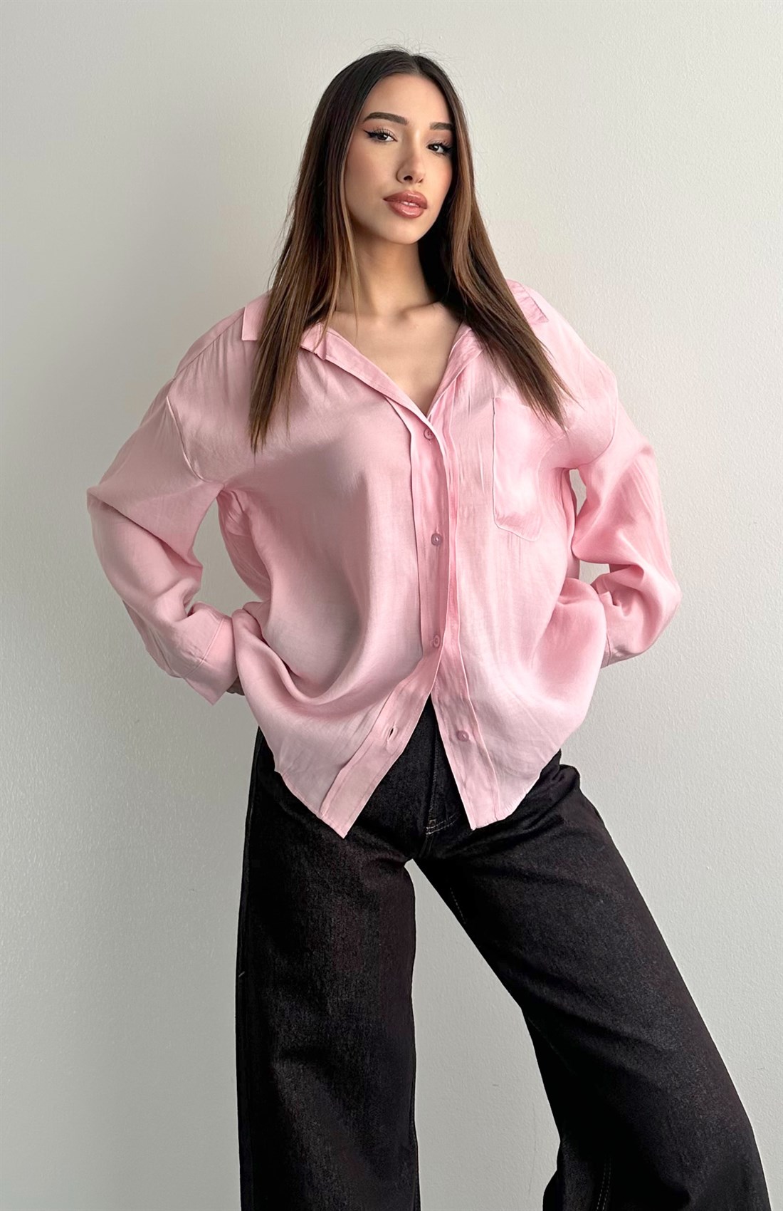 Cepli Oversize Modal Gömlek PEMBE