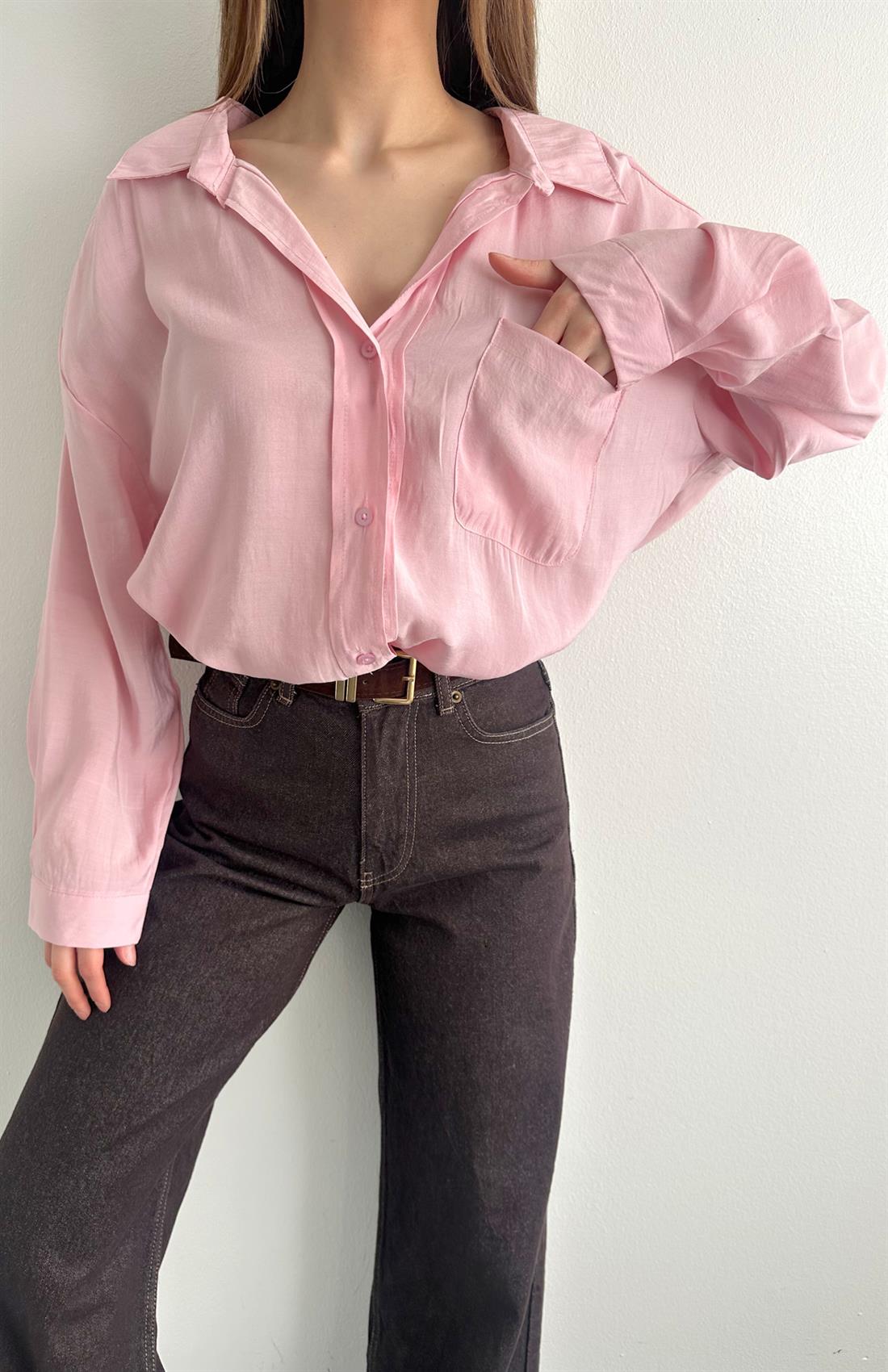 Cepli Oversize Modal Gömlek PEMBE