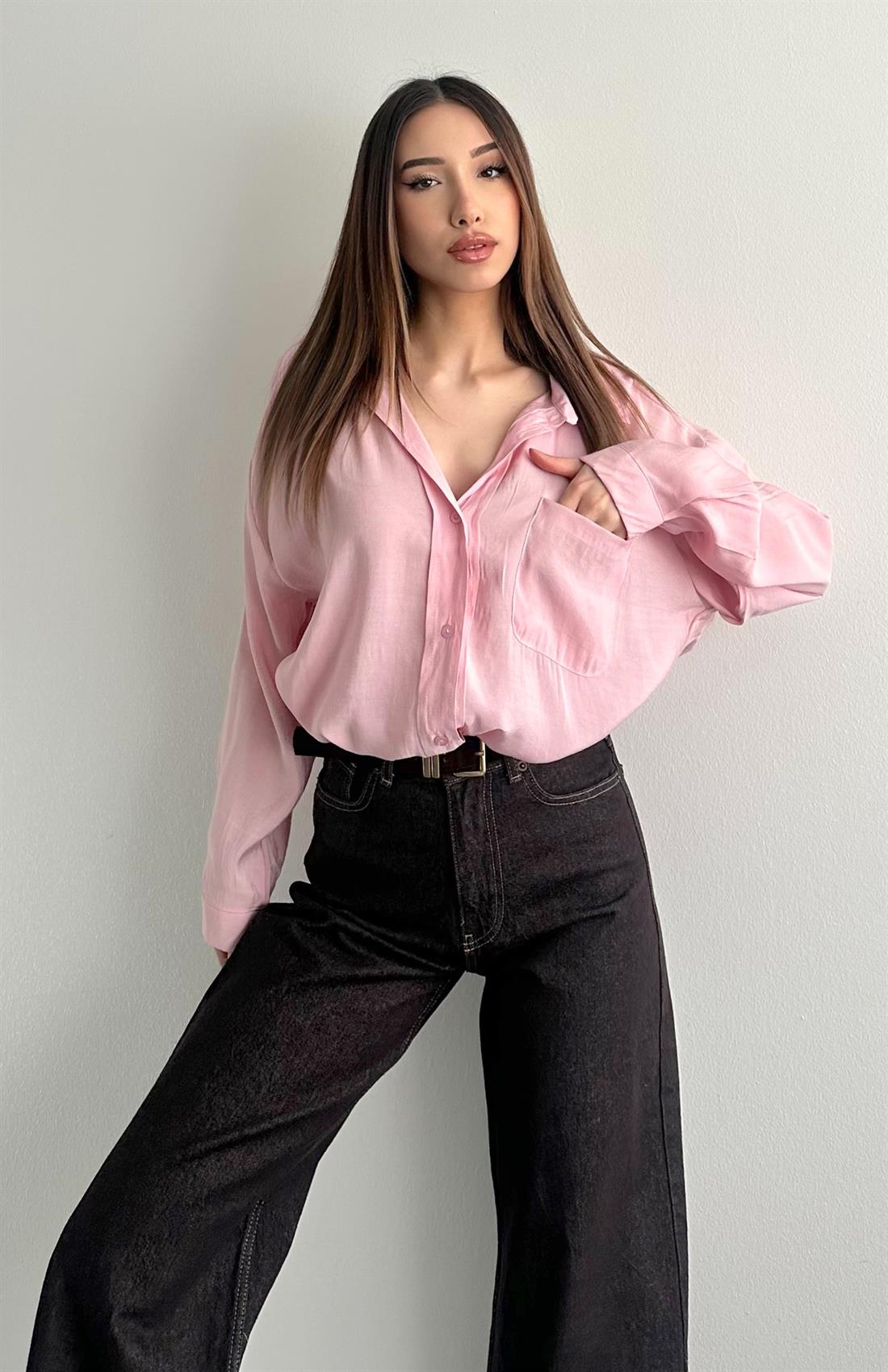 Cepli Oversize Modal Gömlek PEMBE