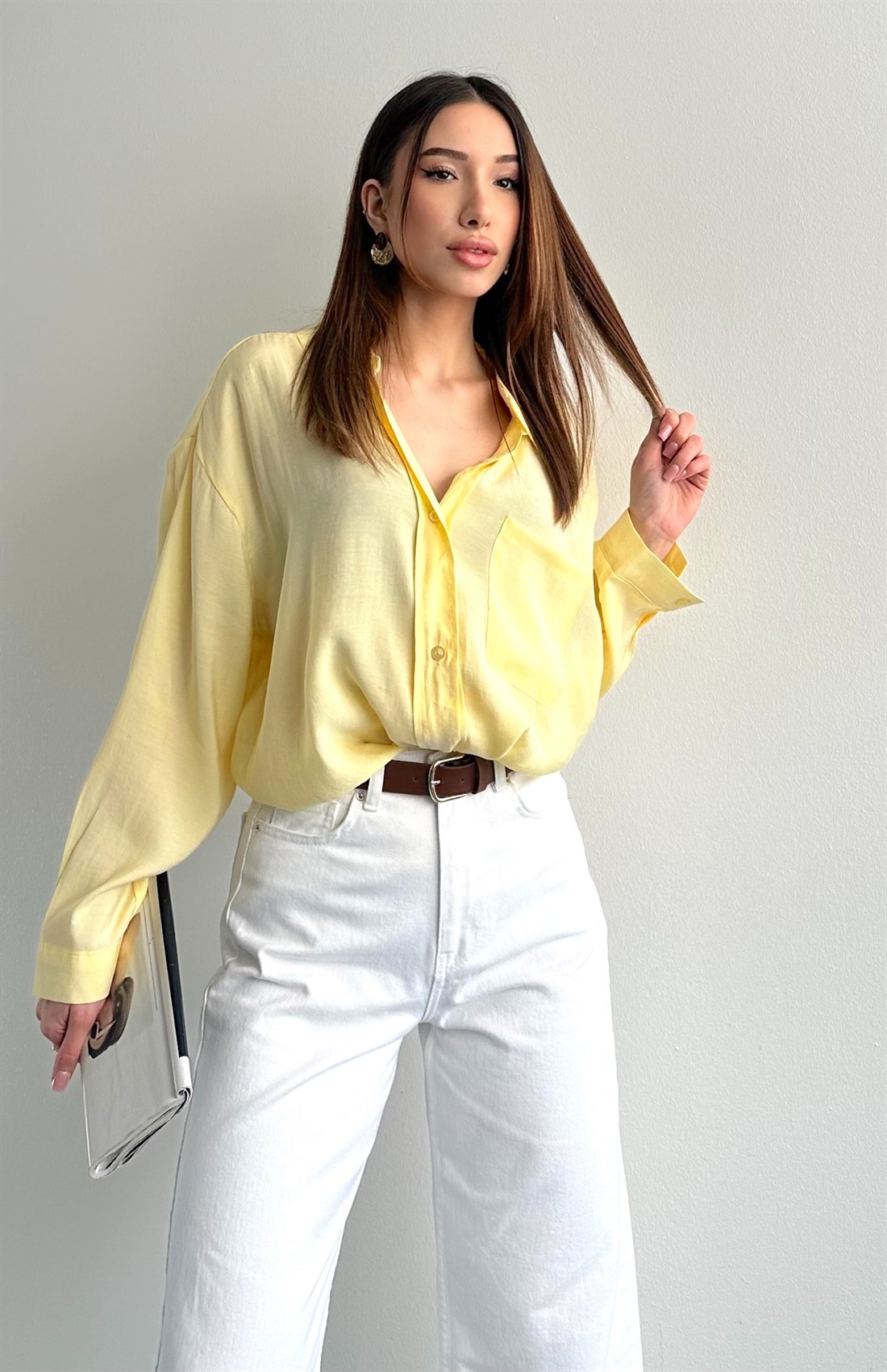 Cepli Oversize Modal Gömlek SARI