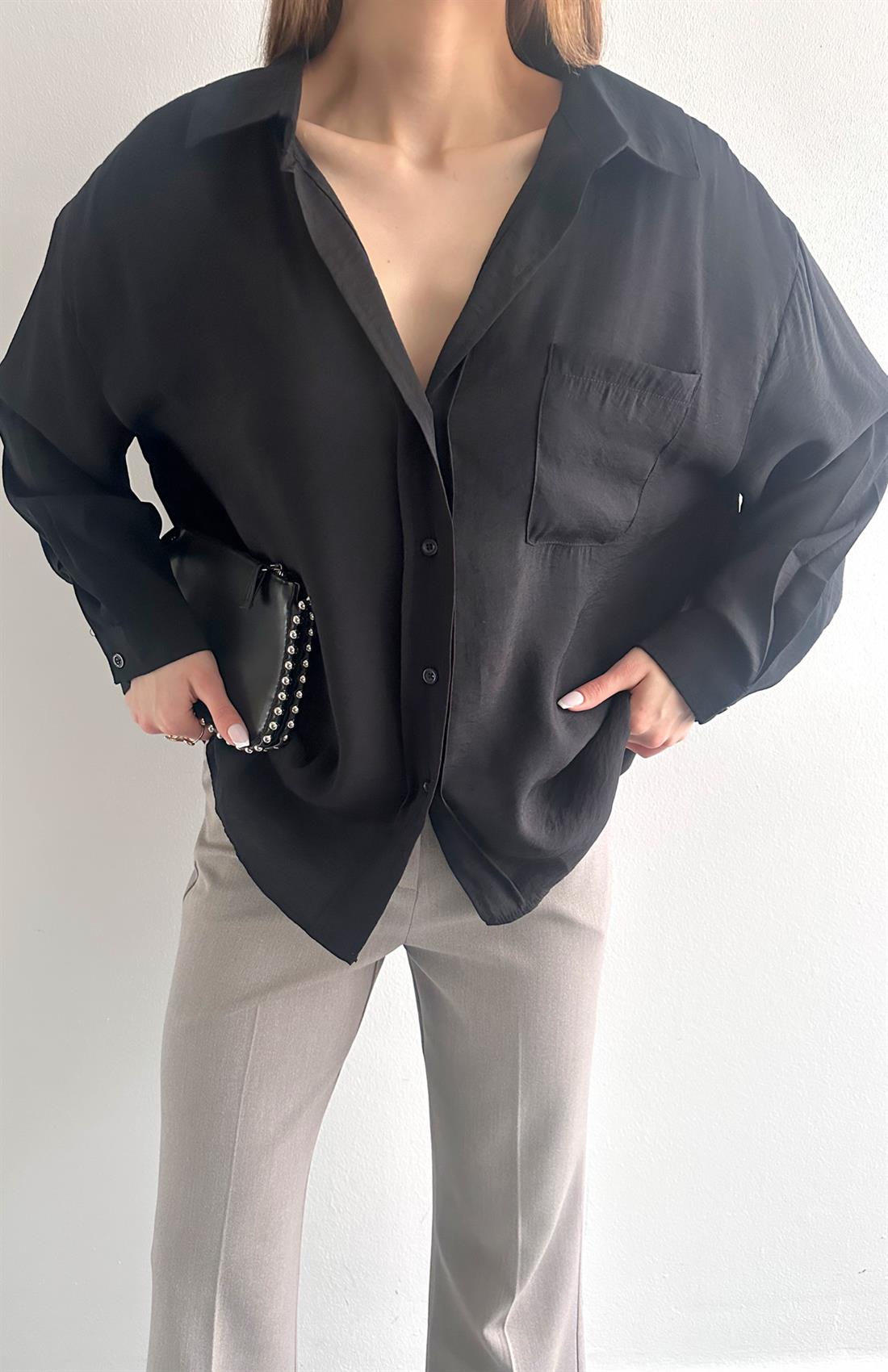 Cepli Oversize Modal Gömlek SİYAH