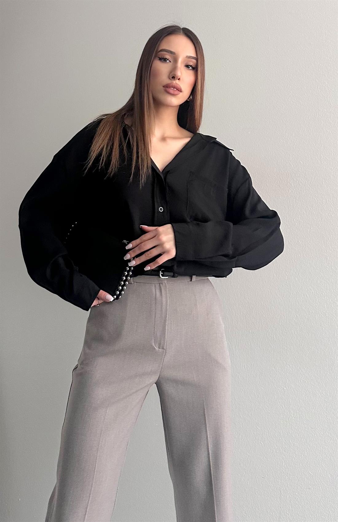 Cepli Oversize Modal Gömlek SİYAH