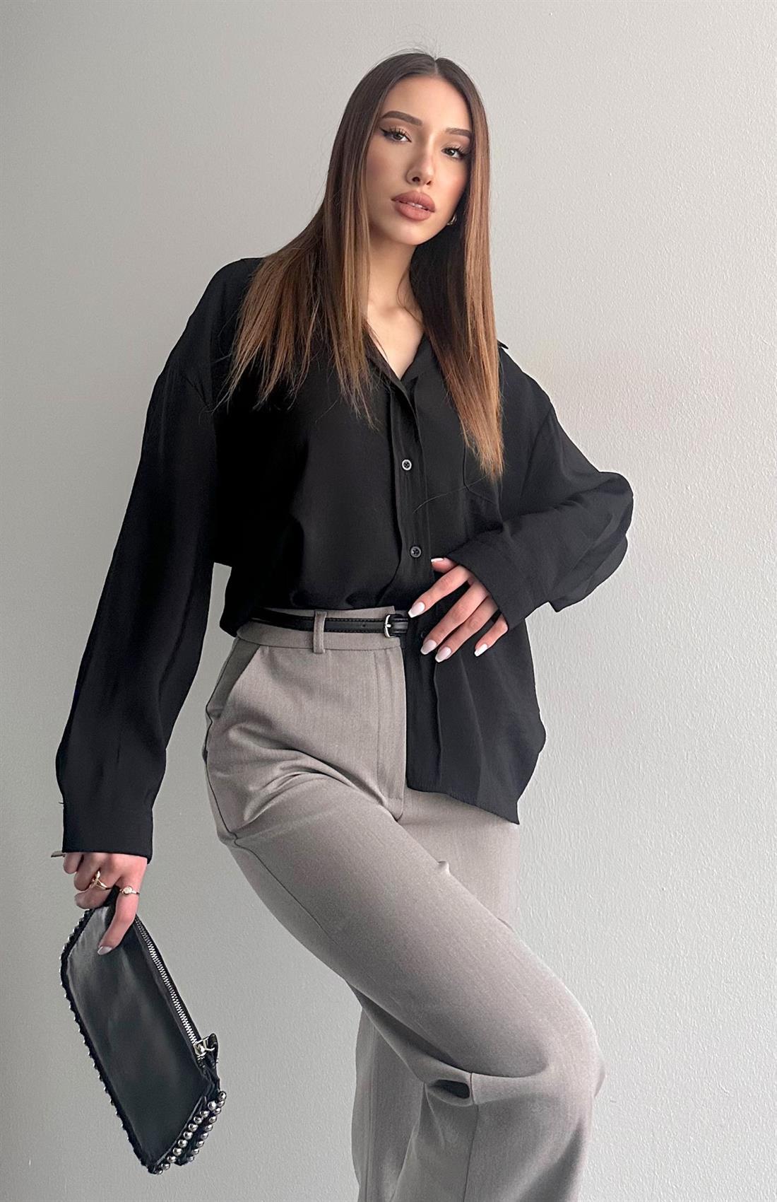 Cepli Oversize Modal Gömlek SİYAH