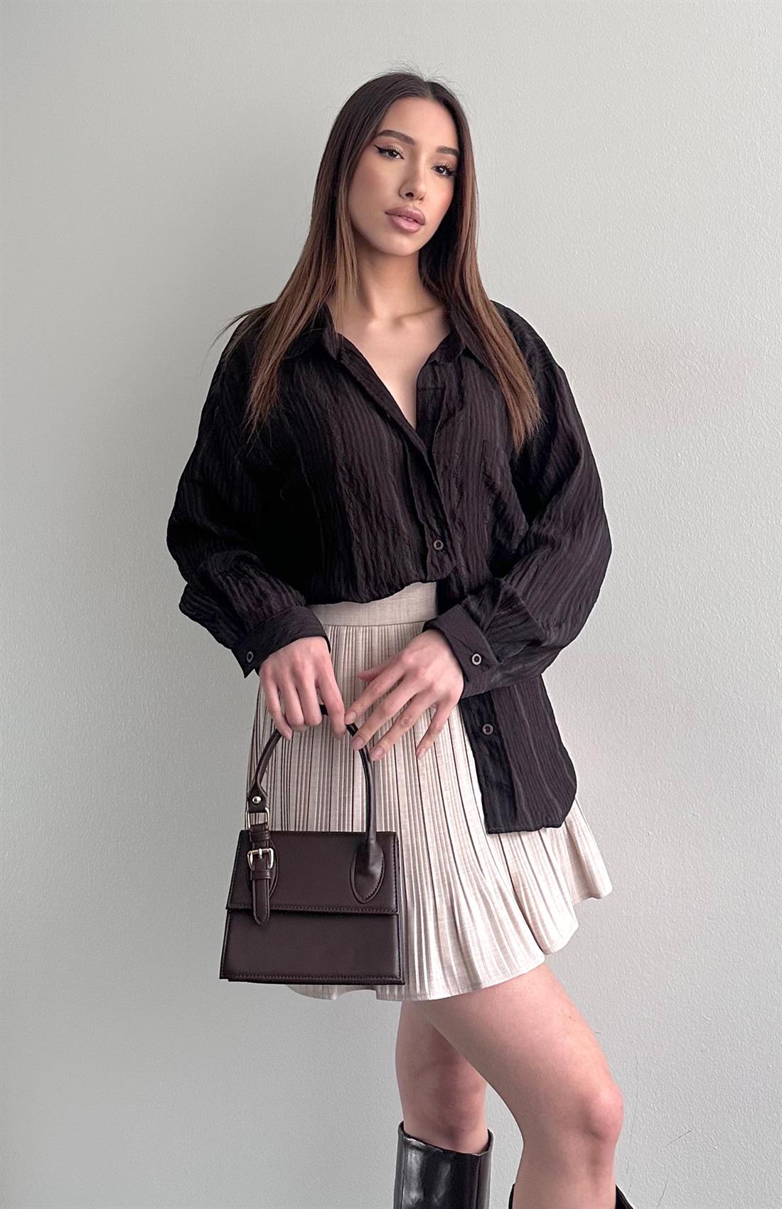 Cepli Oversize Stare Çizgili Gömlek KAHVERENGİ