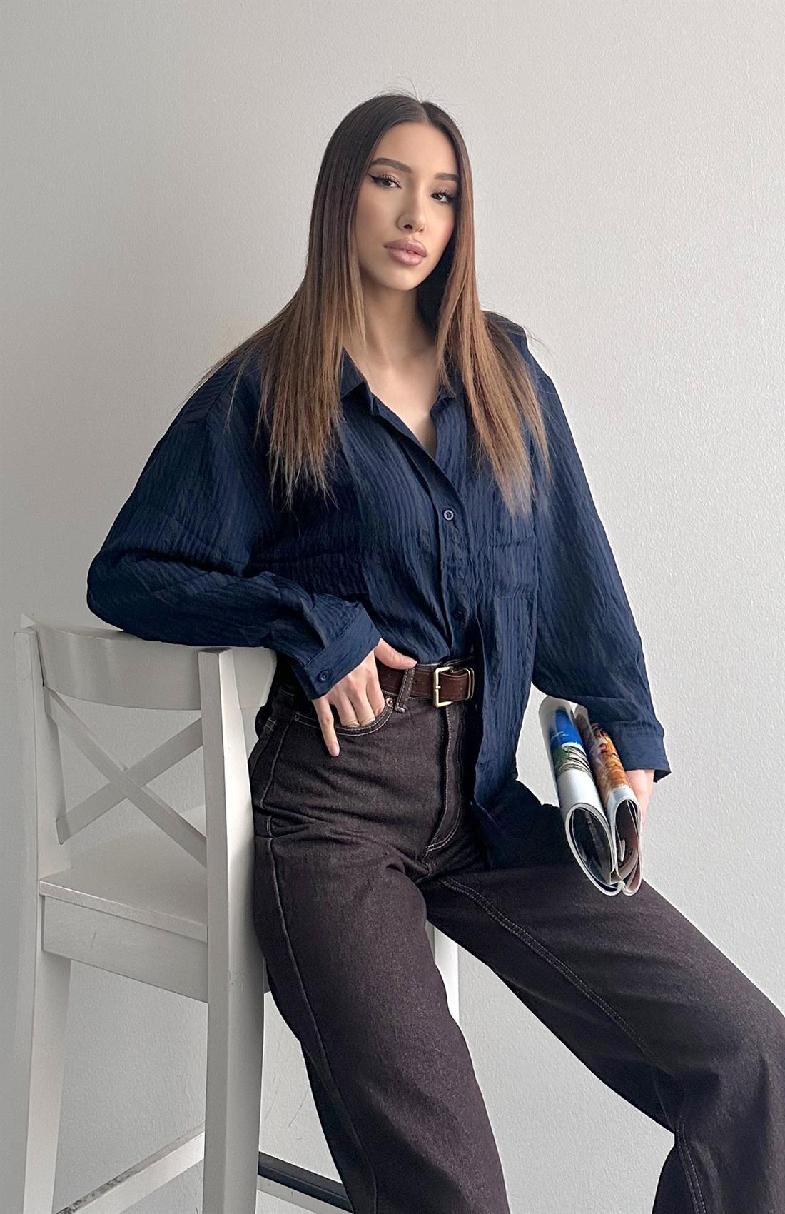 Cepli Oversize Stare Çizgili Gömlek LACİVERT