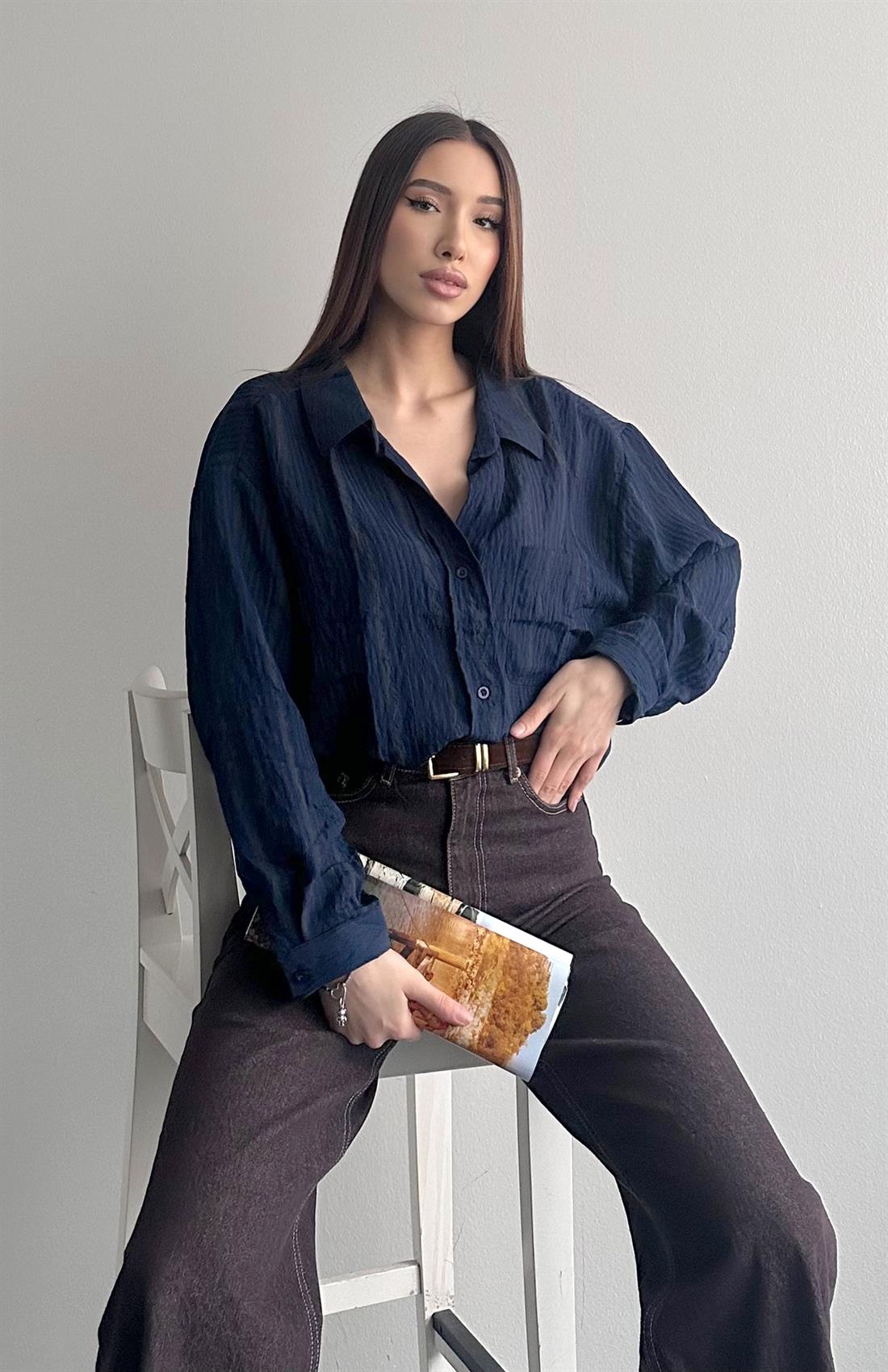 Cepli Oversize Stare Çizgili Gömlek LACİVERT