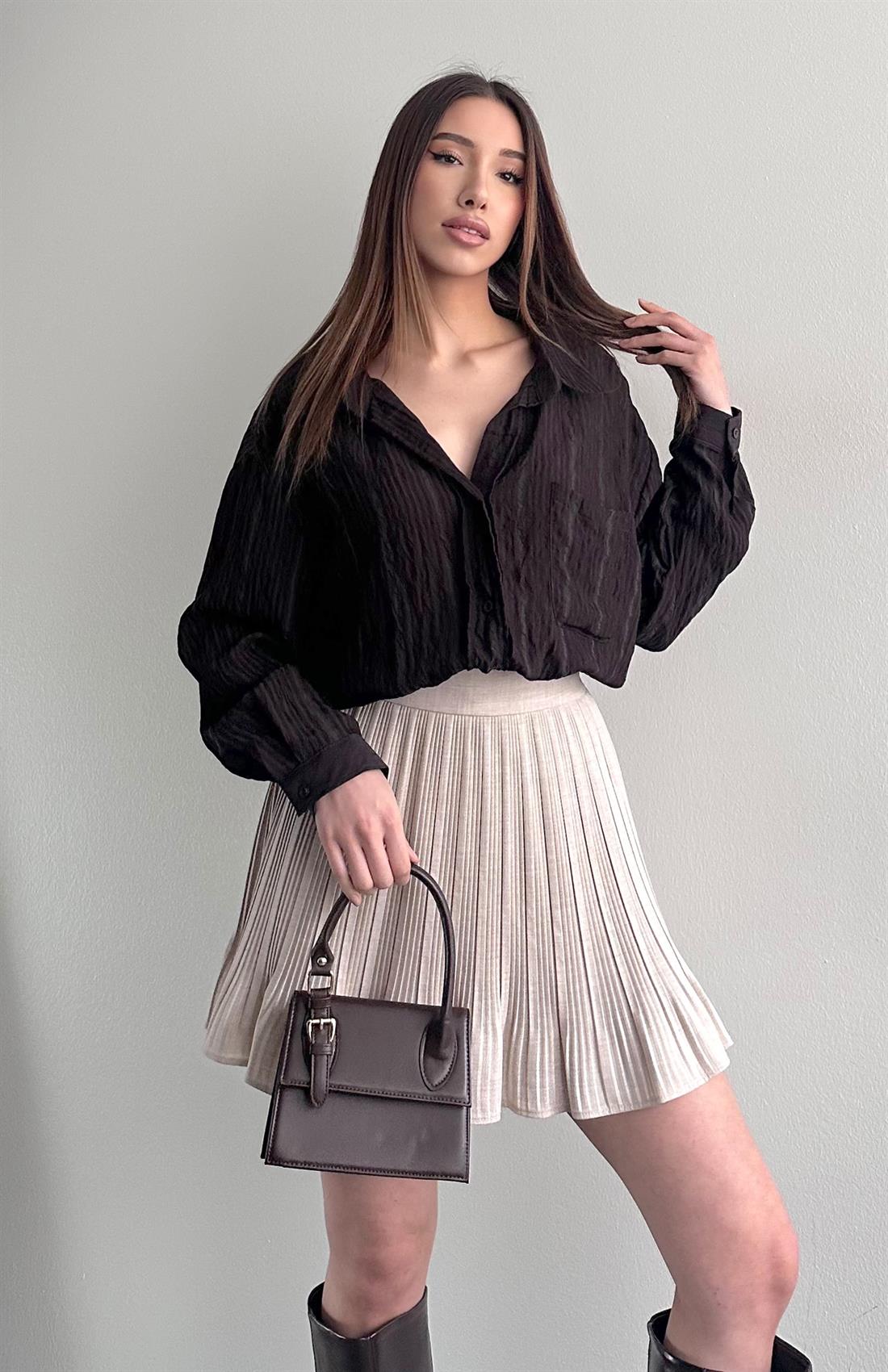 Cepli Oversize Stare Çizgili Gömlek KAHVERENGİ