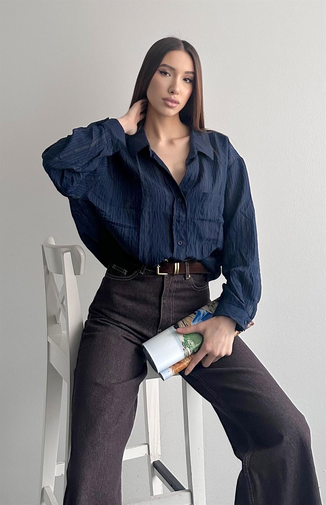 Cepli Oversize Stare Çizgili Gömlek LACİVERT