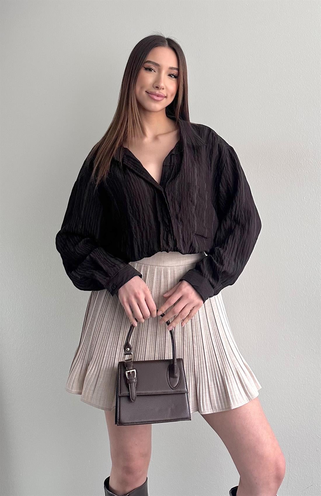 Cepli Oversize Stare Çizgili Gömlek KAHVERENGİ