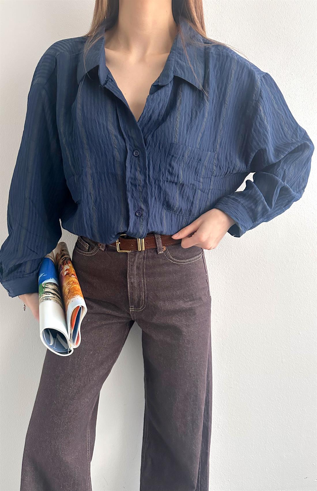 Cepli Oversize Stare Çizgili Gömlek LACİVERT