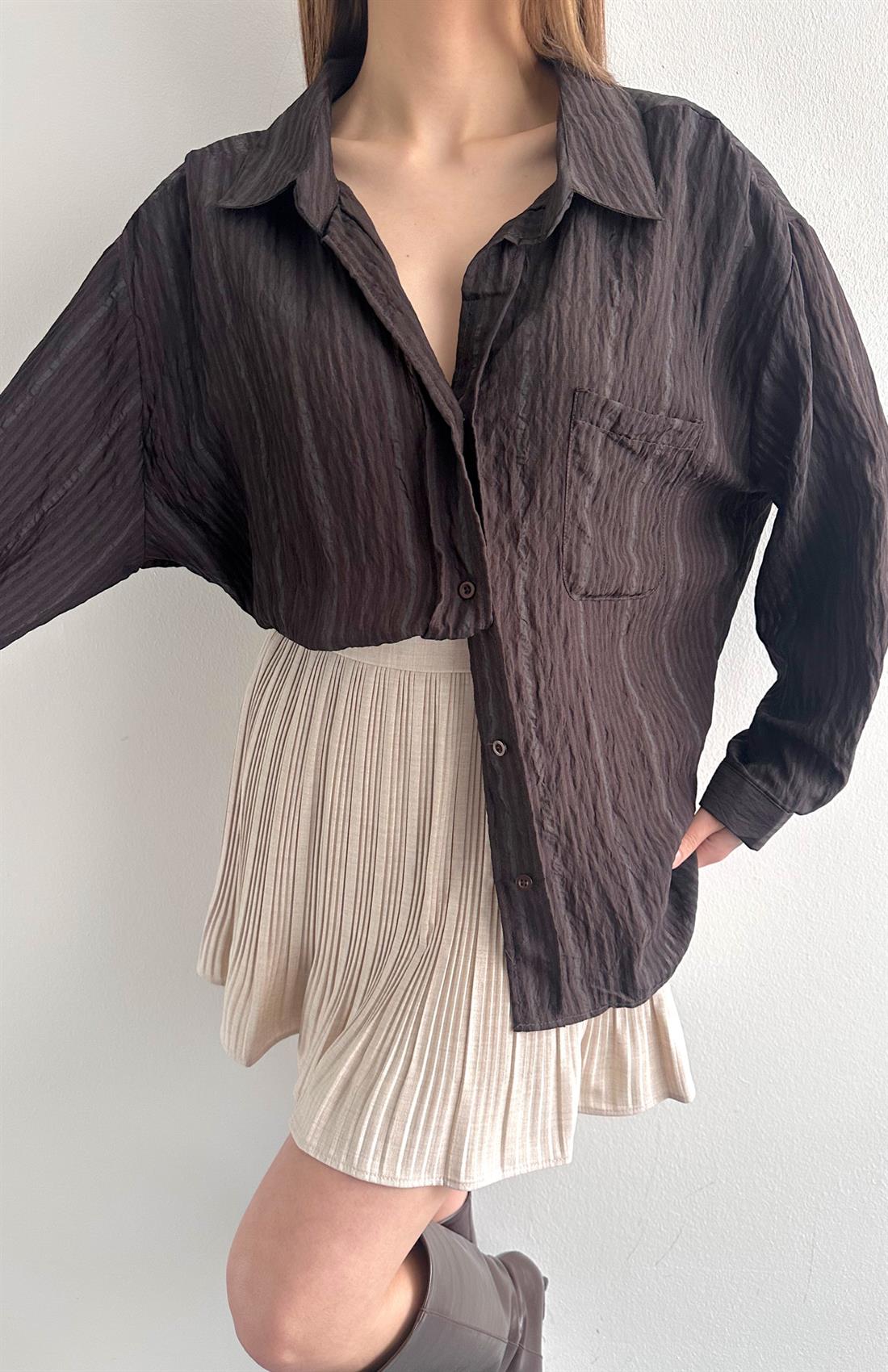 Cepli Oversize Stare Çizgili Gömlek KAHVERENGİ