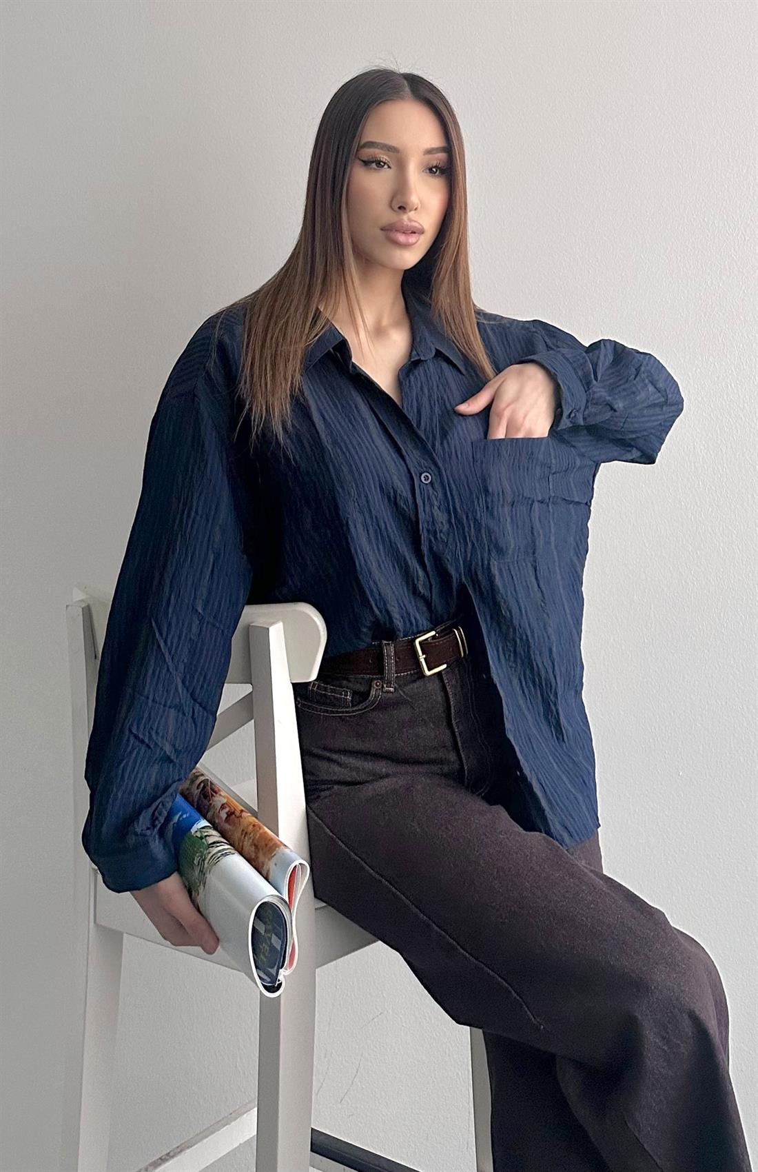 Cepli Oversize Stare Çizgili Gömlek LACİVERT