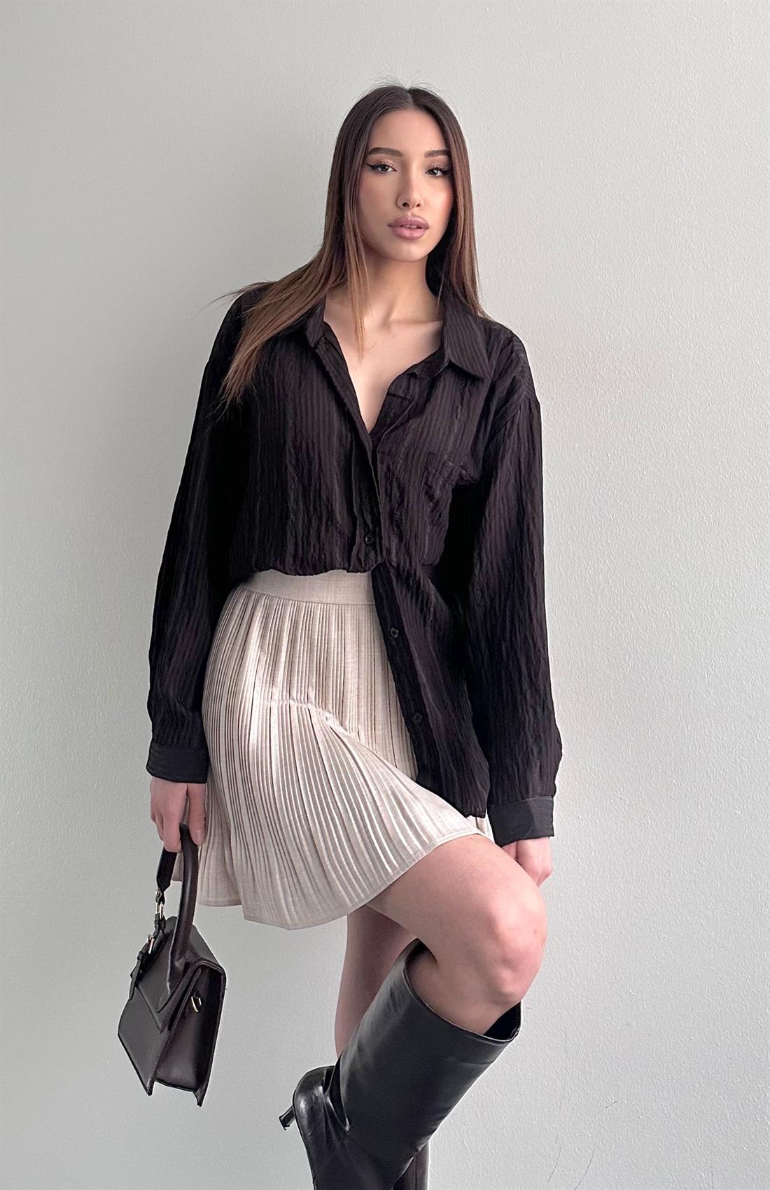 Cepli Oversize Stare Çizgili Gömlek KAHVERENGİ