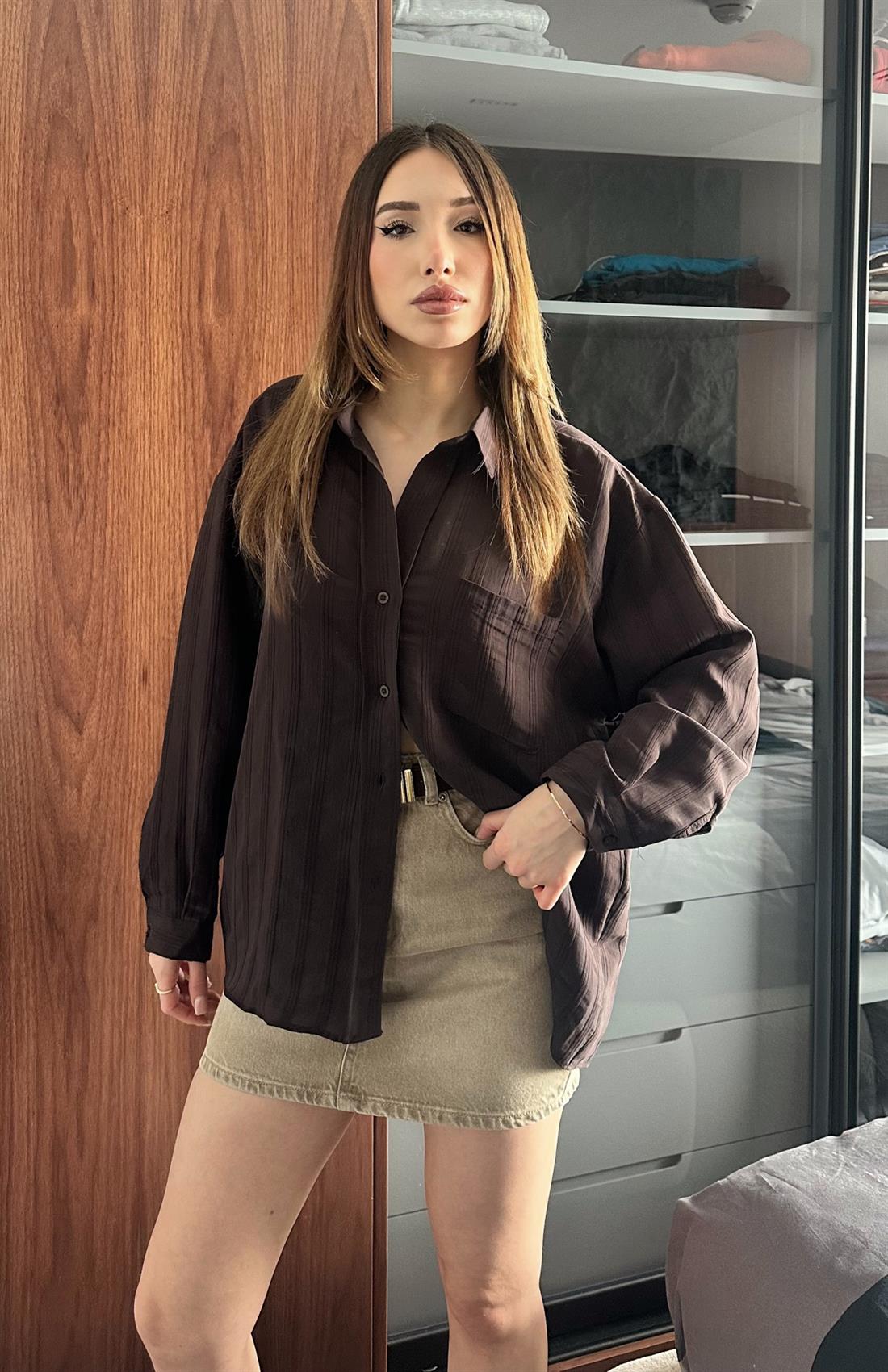 Cepli Oversize Vilto Gömlek KOYU KAHVE