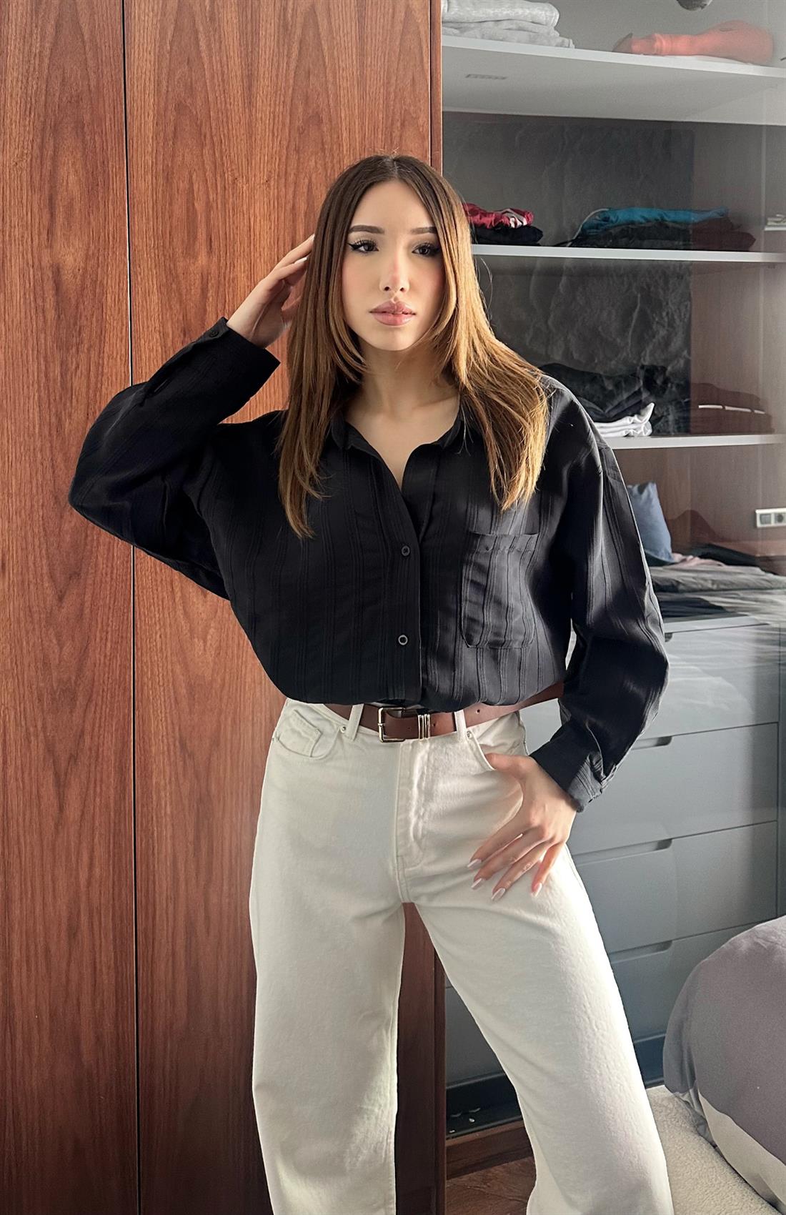 Cepli Oversize Vilto Gömlek SİYAH