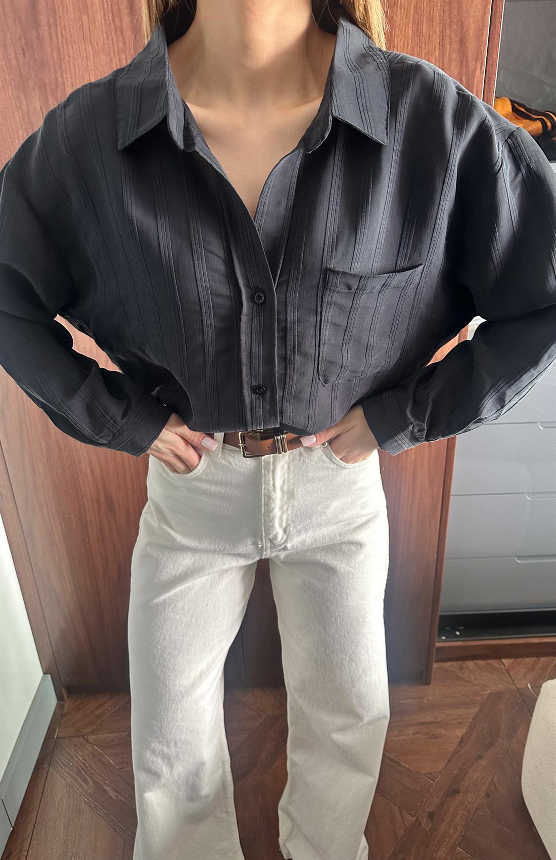 Cepli Oversize Vilto Gömlek SİYAH