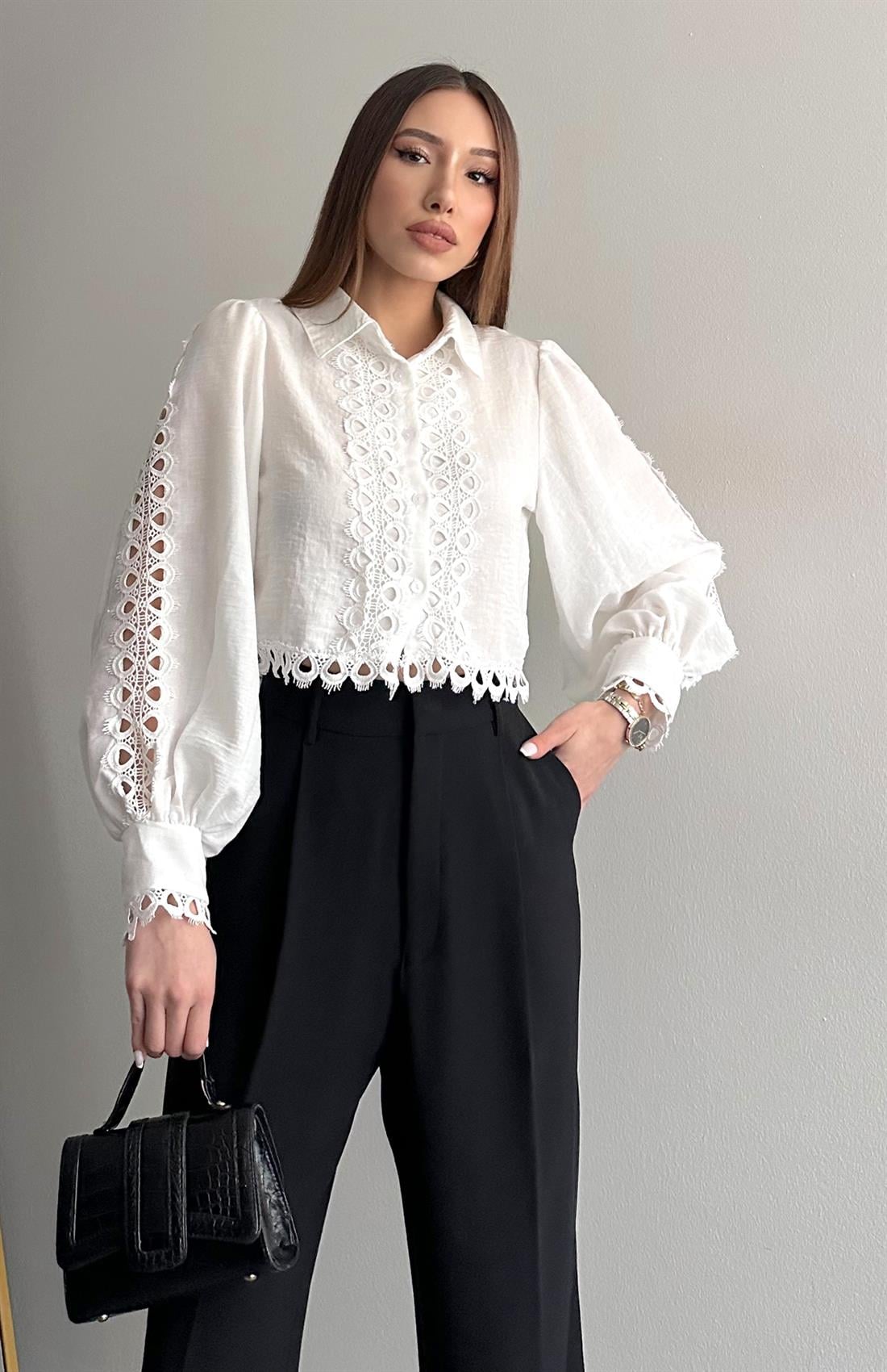 Dantelli Crop Keten Gömlek EKRU