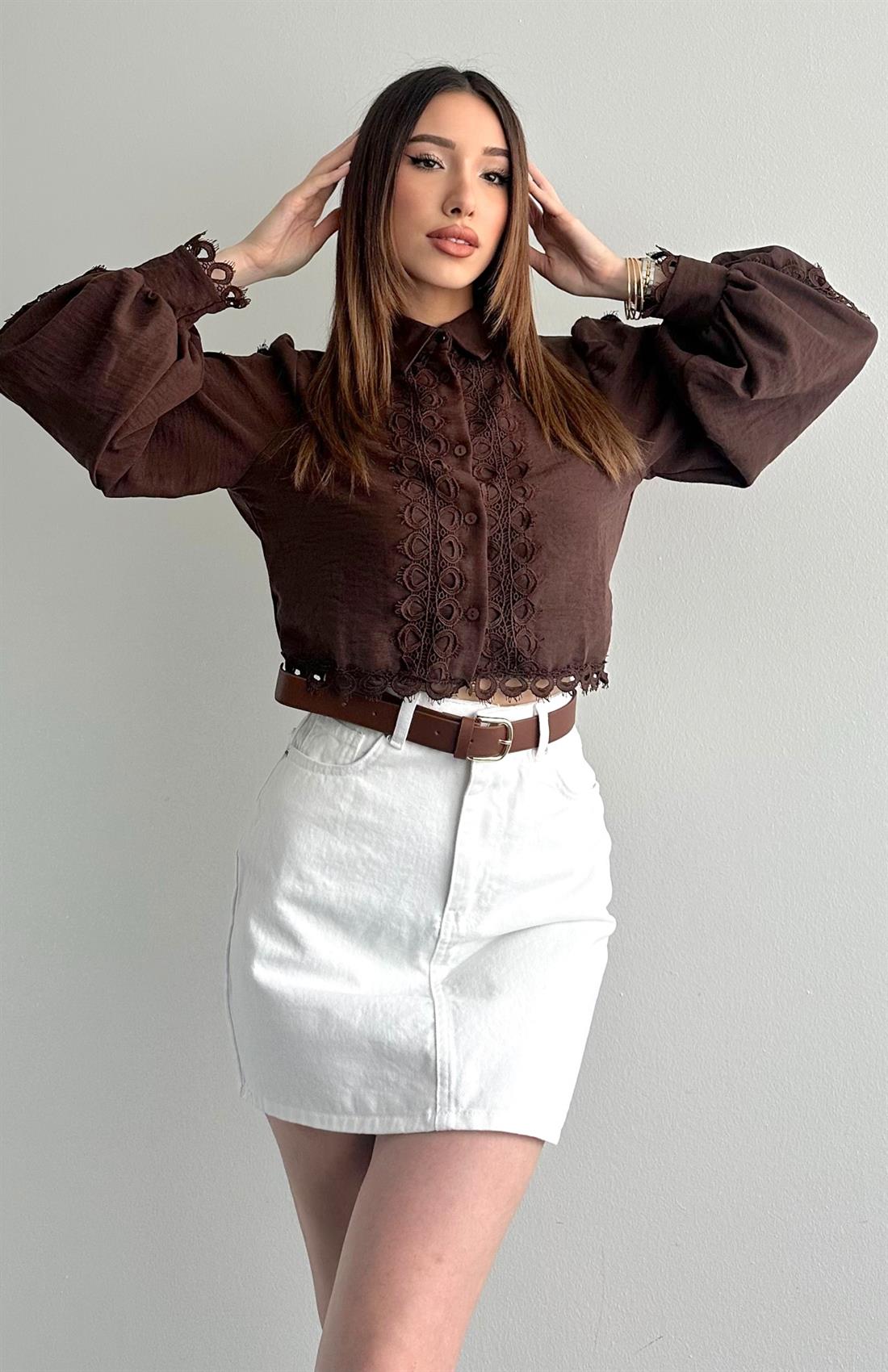 Dantelli Crop Keten Gömlek KAHVERENGİ