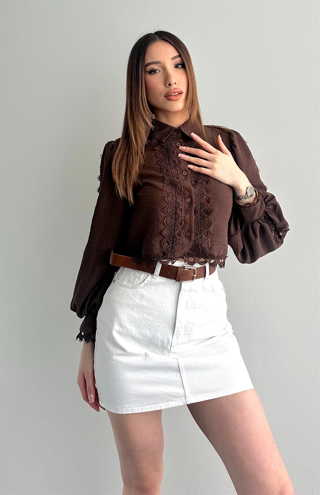 Dantelli Crop Keten Gömlek KAHVERENGİ