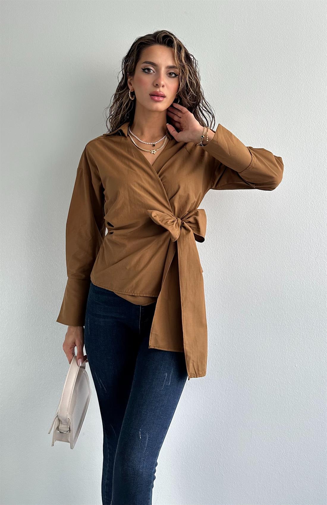 Düz Yandan Bağlamalı Gömlek CAMEL