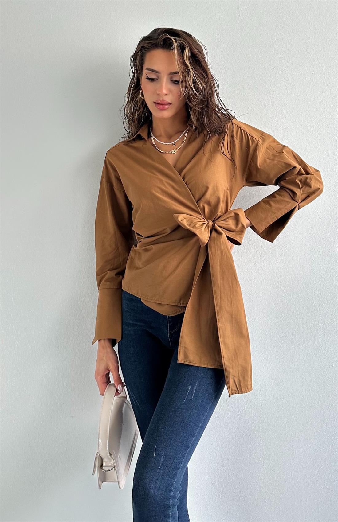 Düz Yandan Bağlamalı Gömlek CAMEL