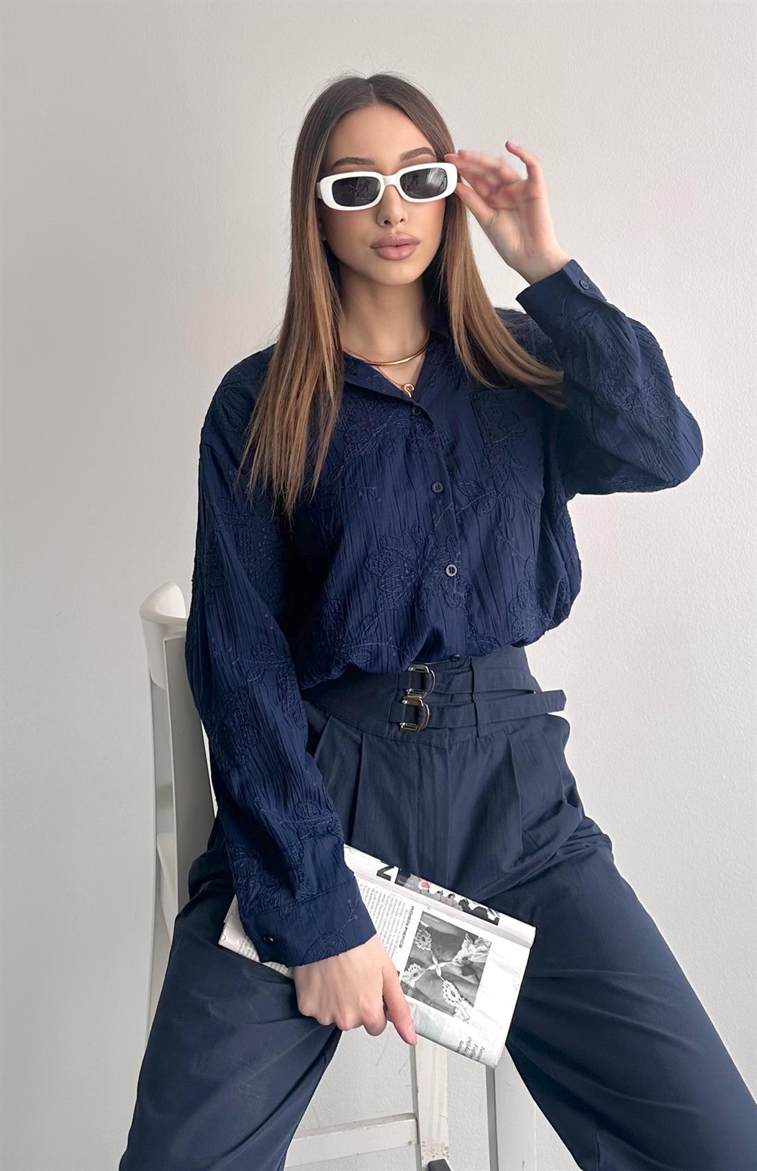 Etek Ucu Bağlamalı Jakarlı Gömlek LACİVERT