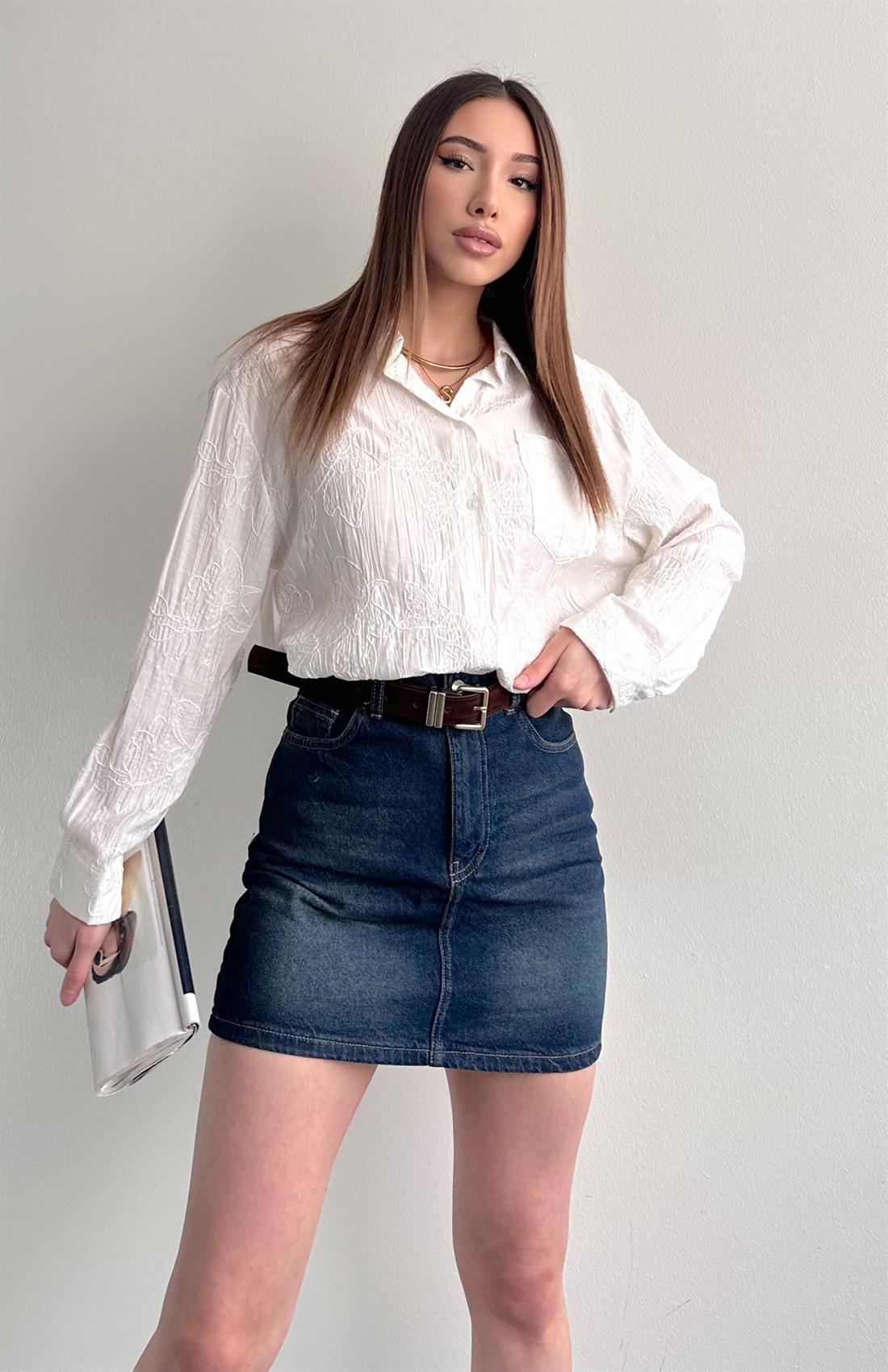 Etek Ucu Bağlamalı Jakarlı Gömlek EKRU