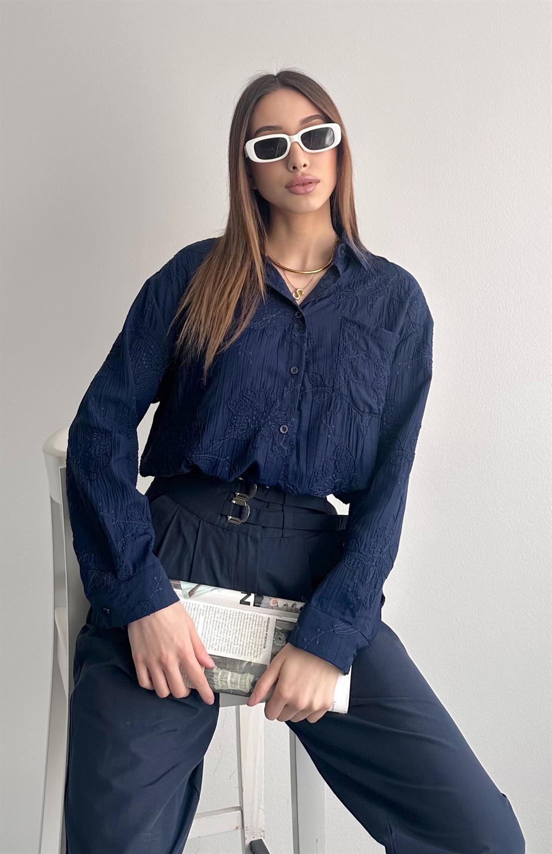 Etek Ucu Bağlamalı Jakarlı Gömlek LACİVERT